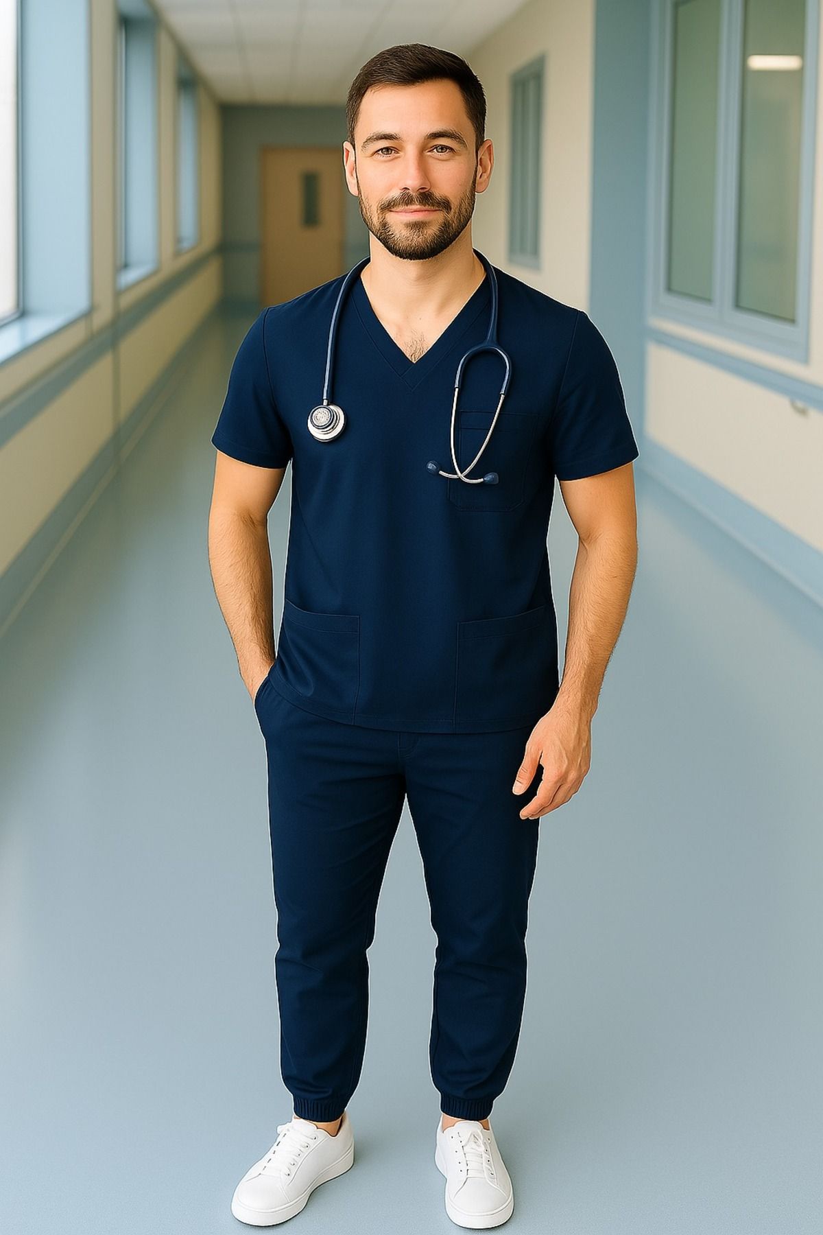 PIQUE-Albastru bleumarin Lycra unisex cu mâneci liliac pentru asistentă și medic 3