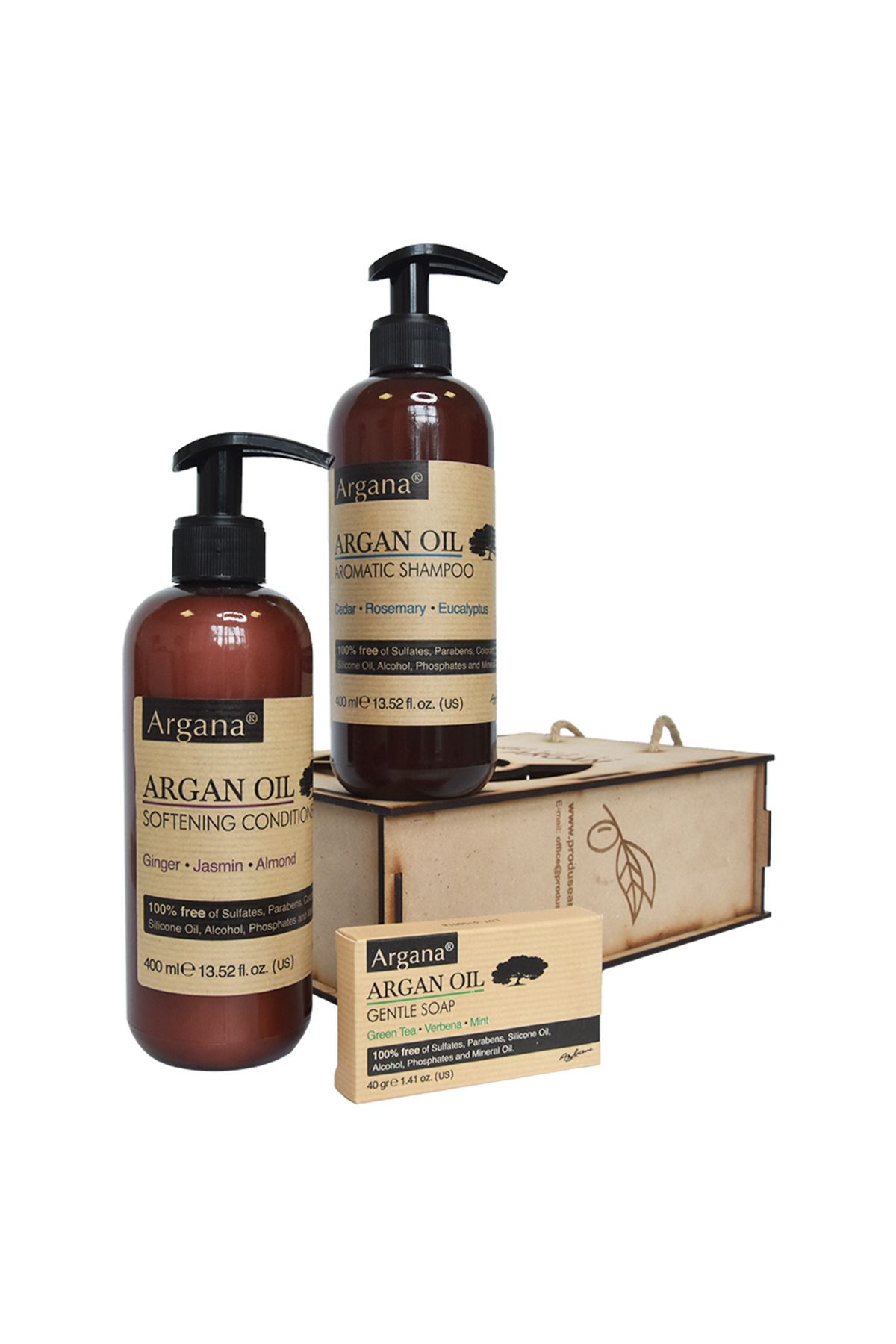 AZBANE -CASABLANCA - MAROC-Set Cadou Rustic Argan Cutie Lemn Sampon Argana 400 ml, Balsam Par Argana 400 ml, Sapun Argana 40 gr 3