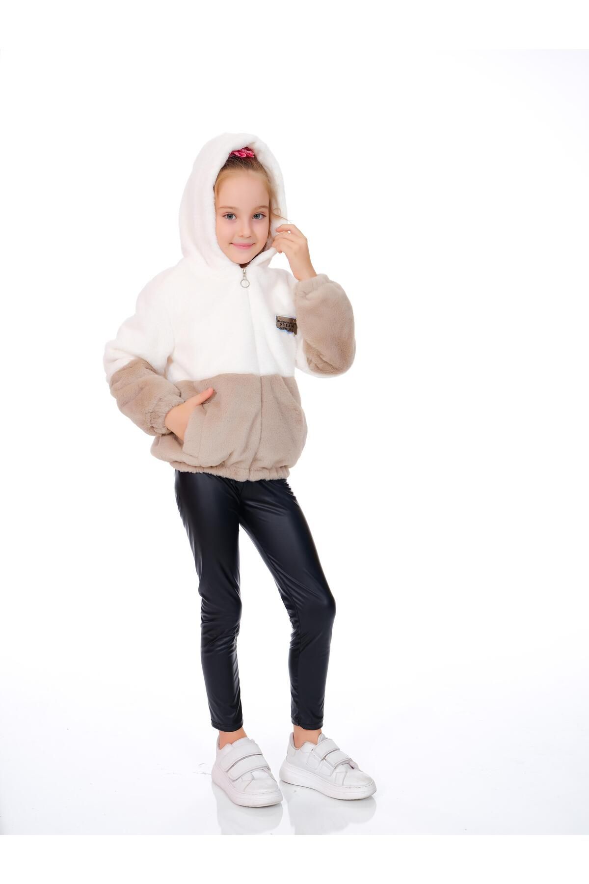 Kamex-Two Color Plush Coat with Zipper and Welsoft Inside Beige White 5