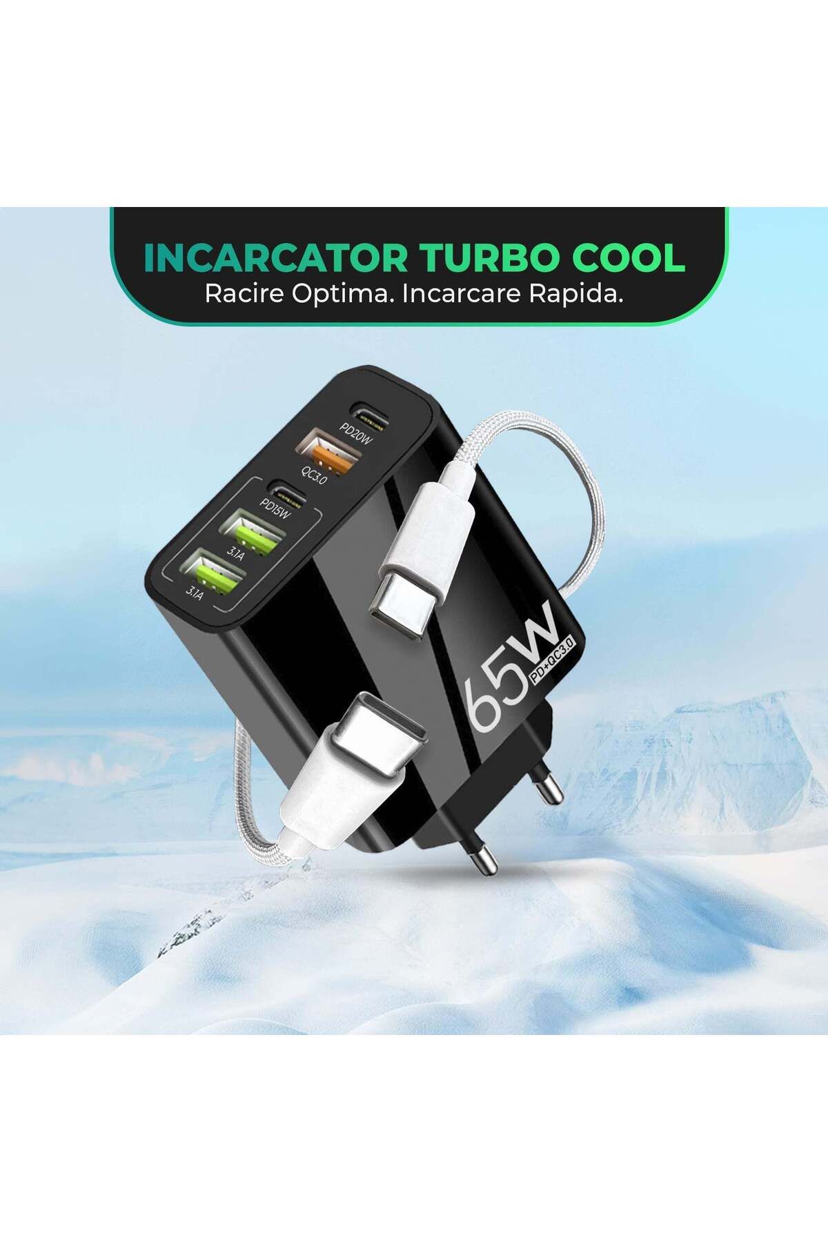 Timebox-Încărcător de rețea, 5 porturi, încărcare rapidă 65W, 3 x USB, 2 x Tip-C, cablu de date USB-C inclus 7