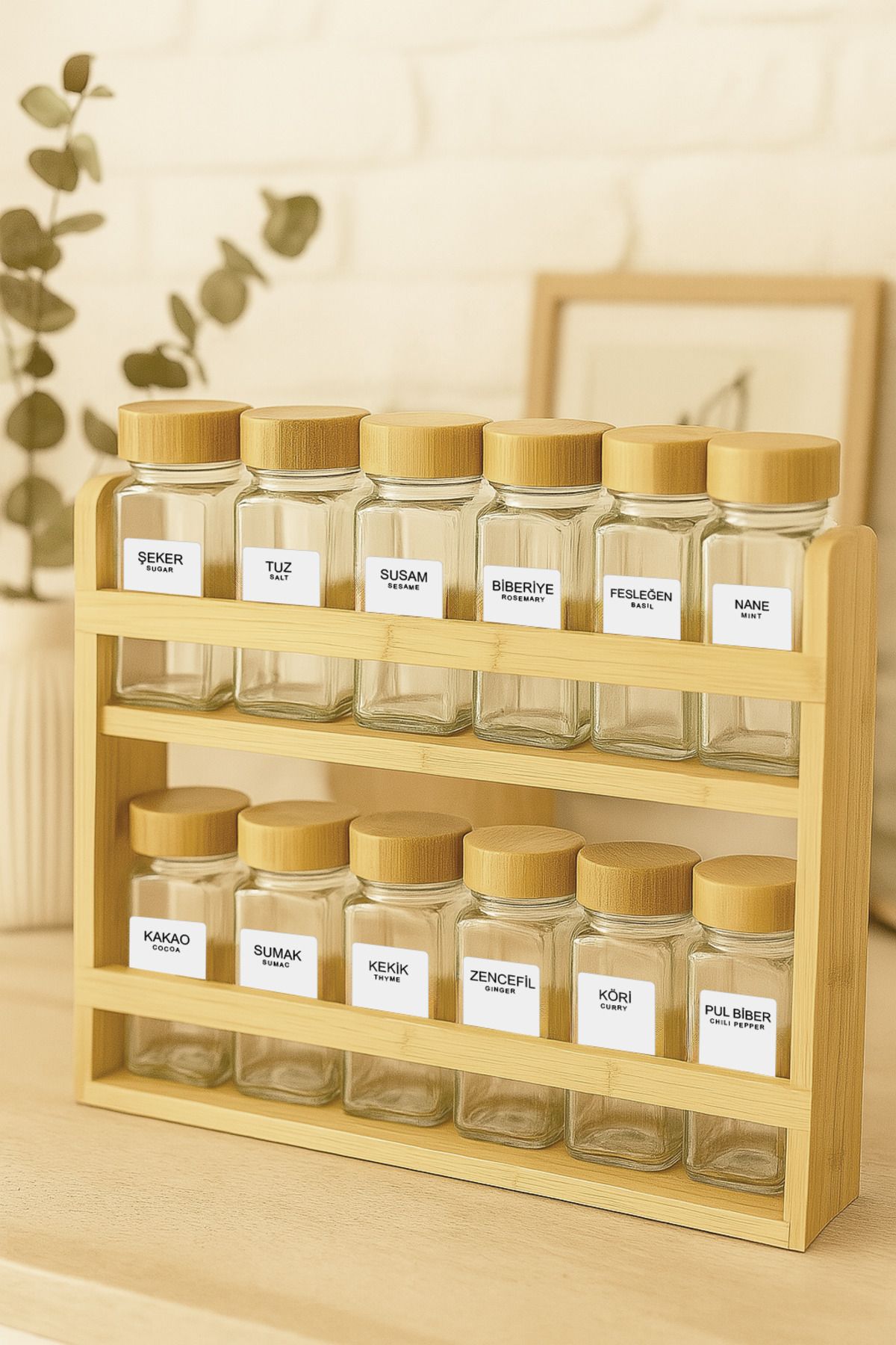 Kitchen Life-12' Bamboo Stand Bamboo Lid Square Spice Rack Set 100 ml - Bamboo Spice Rack with Stand 4