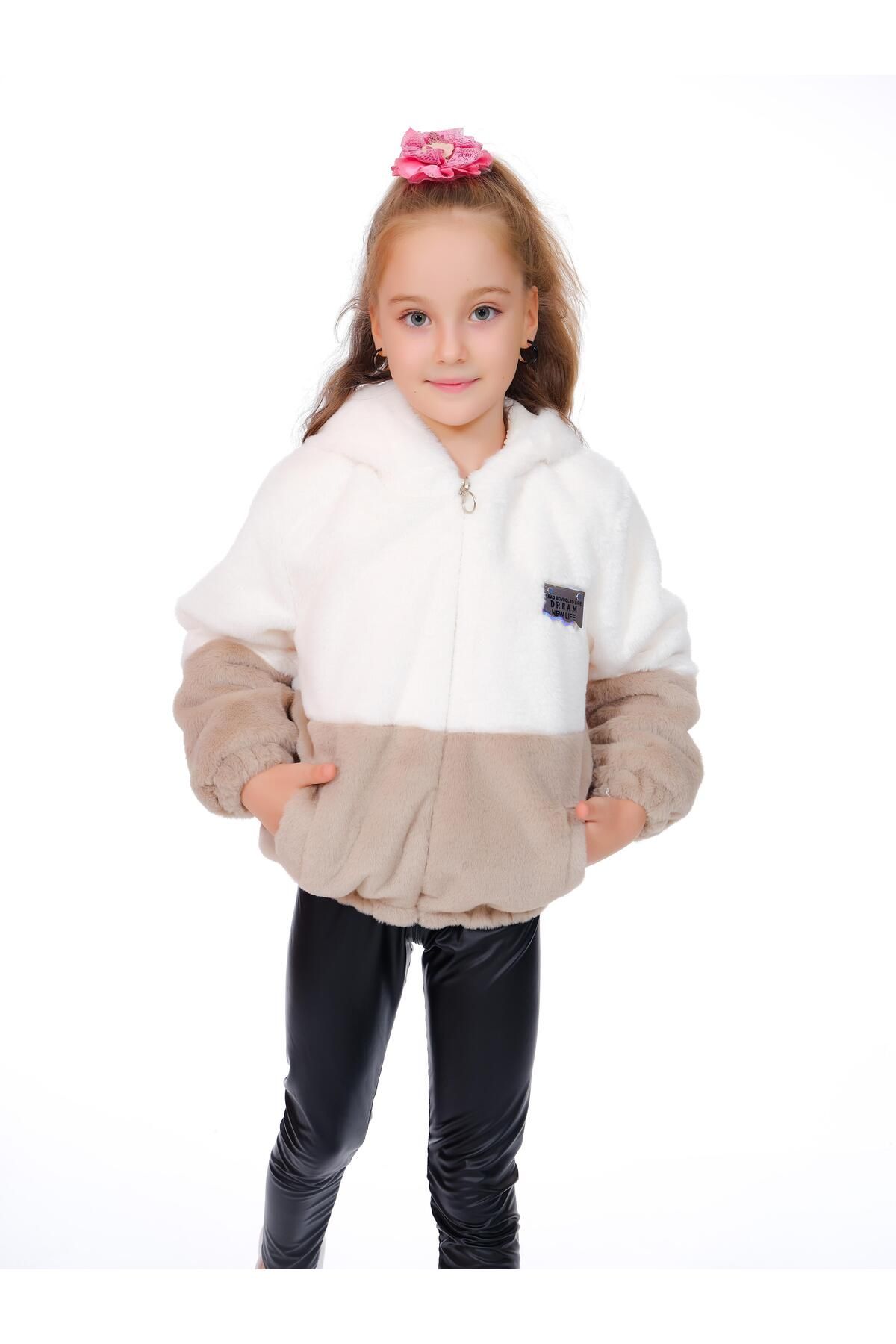 Kamex-Two Color Plush Coat with Zipper and Welsoft Inside Beige White 2
