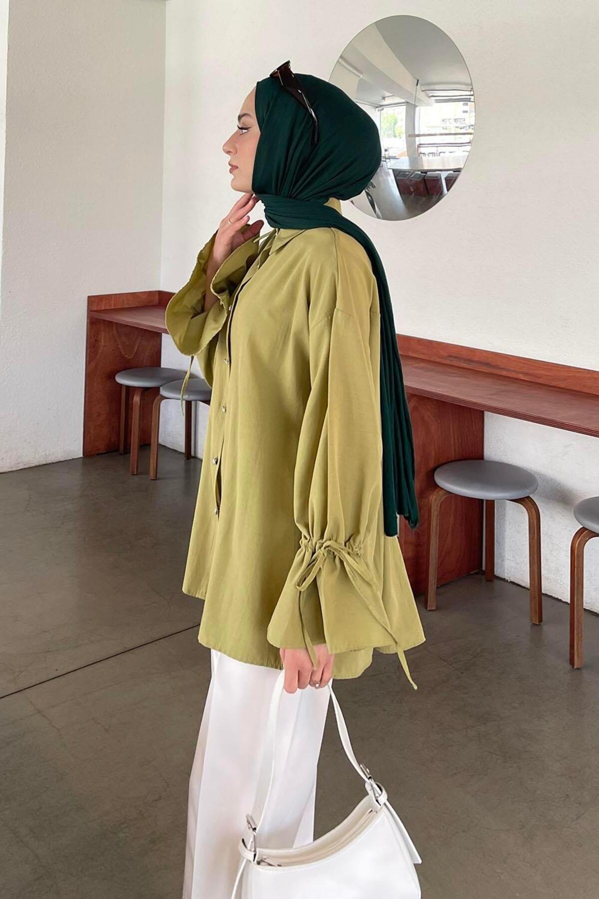 Lamelif  Kol Tünel İp Detaylı Gömlek Yağ Yeşili - Görsel 2