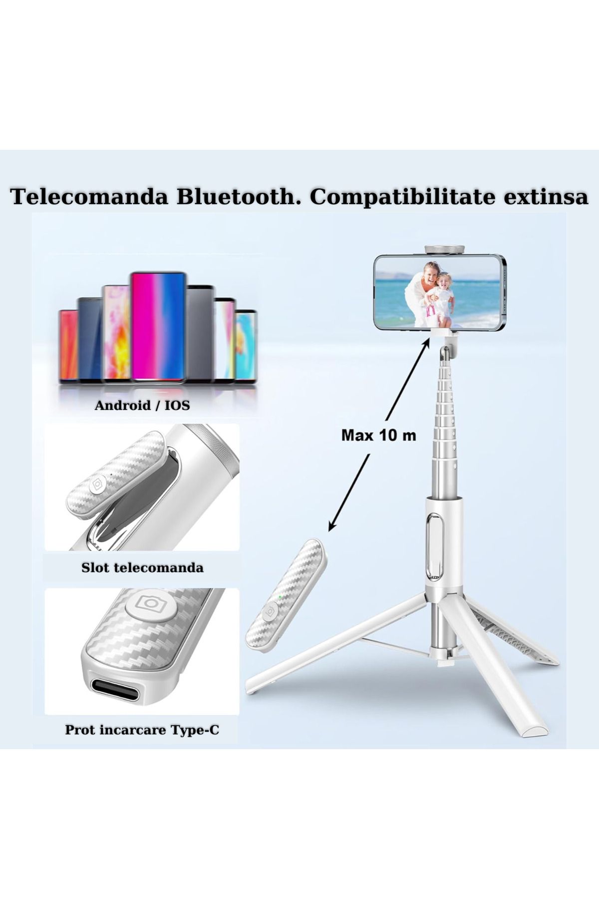 RaSteff-Selfie Stick Multifunctional RaSteff™, 30cm-150cm, Trepied, Bluetooth, Compatibil iOS/Android, Alb 3
