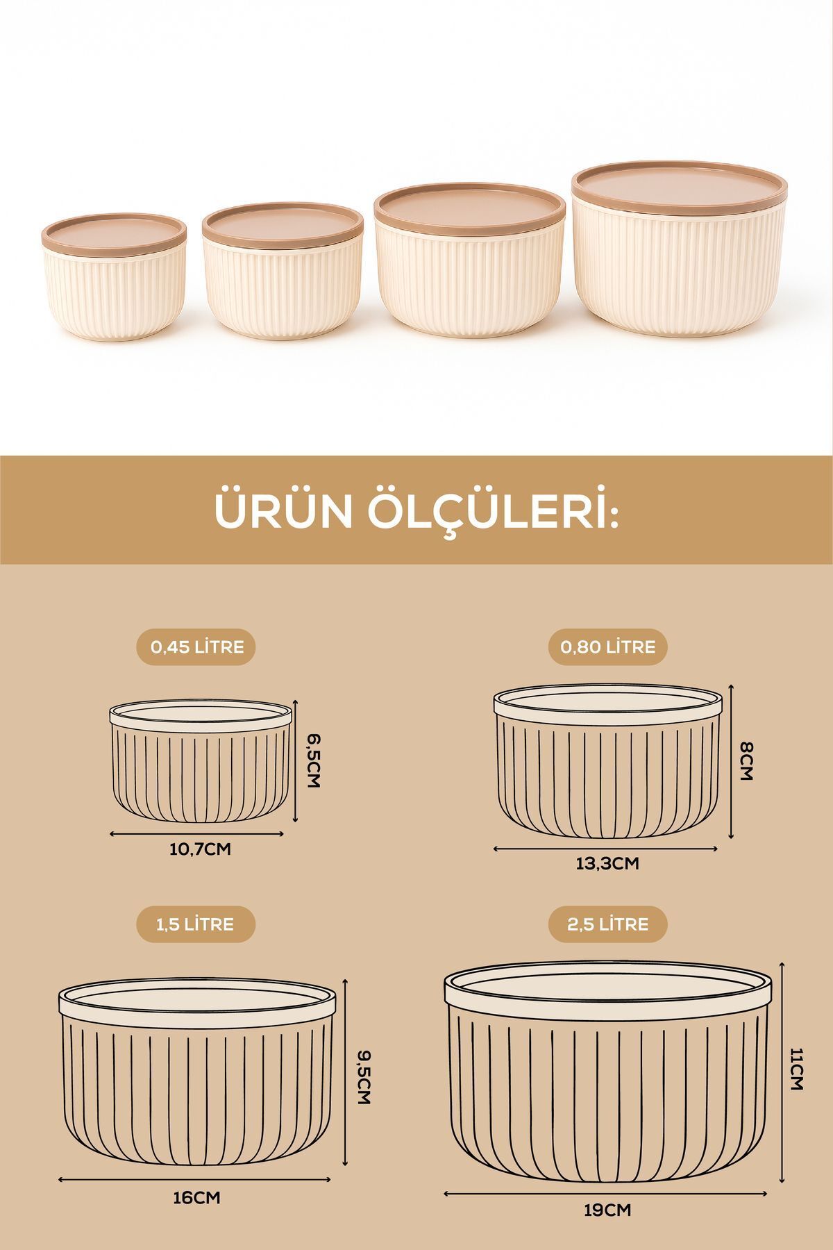 İLİVA-Set of 4 Round Storage Containers Striped Beige |   2.5L 1.5L 0.80L 0.45L |   Microwave and Freezer Compatible 6