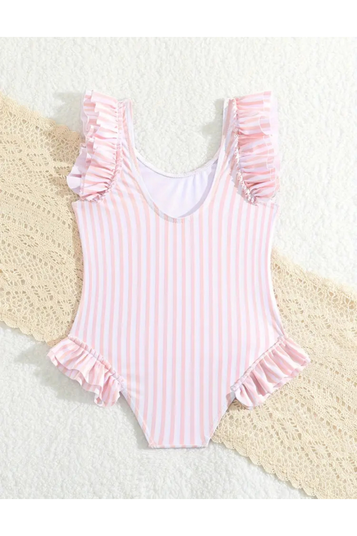 MODA Kız Çocuk Pembe Beyaz Çizgili Fırfırlı Mayo – Sevimli Yazlık Tek Parça Yüzme Kıyafeti Mayo fotoğrafı 2 (önizleme)