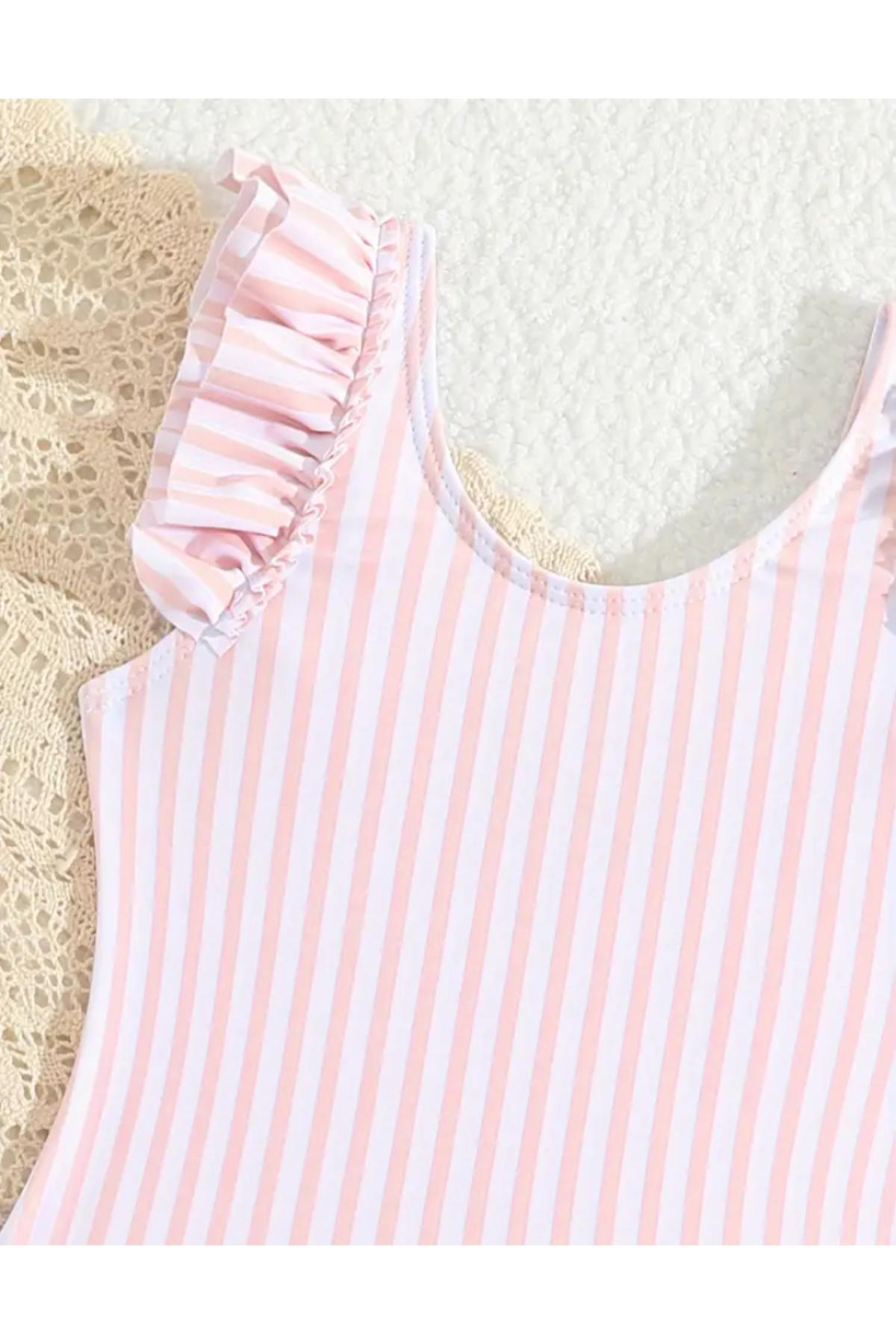 MODA Kız Çocuk Pembe Beyaz Çizgili Fırfırlı Mayo – Sevimli Yazlık Tek Parça Yüzme Kıyafeti Mayo fotoğrafı 3 (önizleme)