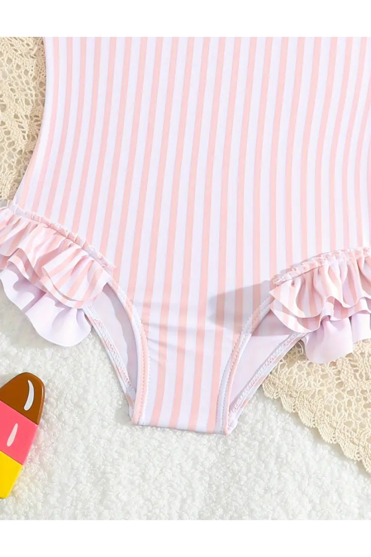 MODA Kız Çocuk Pembe Beyaz Çizgili Fırfırlı Mayo – Sevimli Yazlık Tek Parça Yüzme Kıyafeti Mayo fotoğrafı 4 (önizleme)