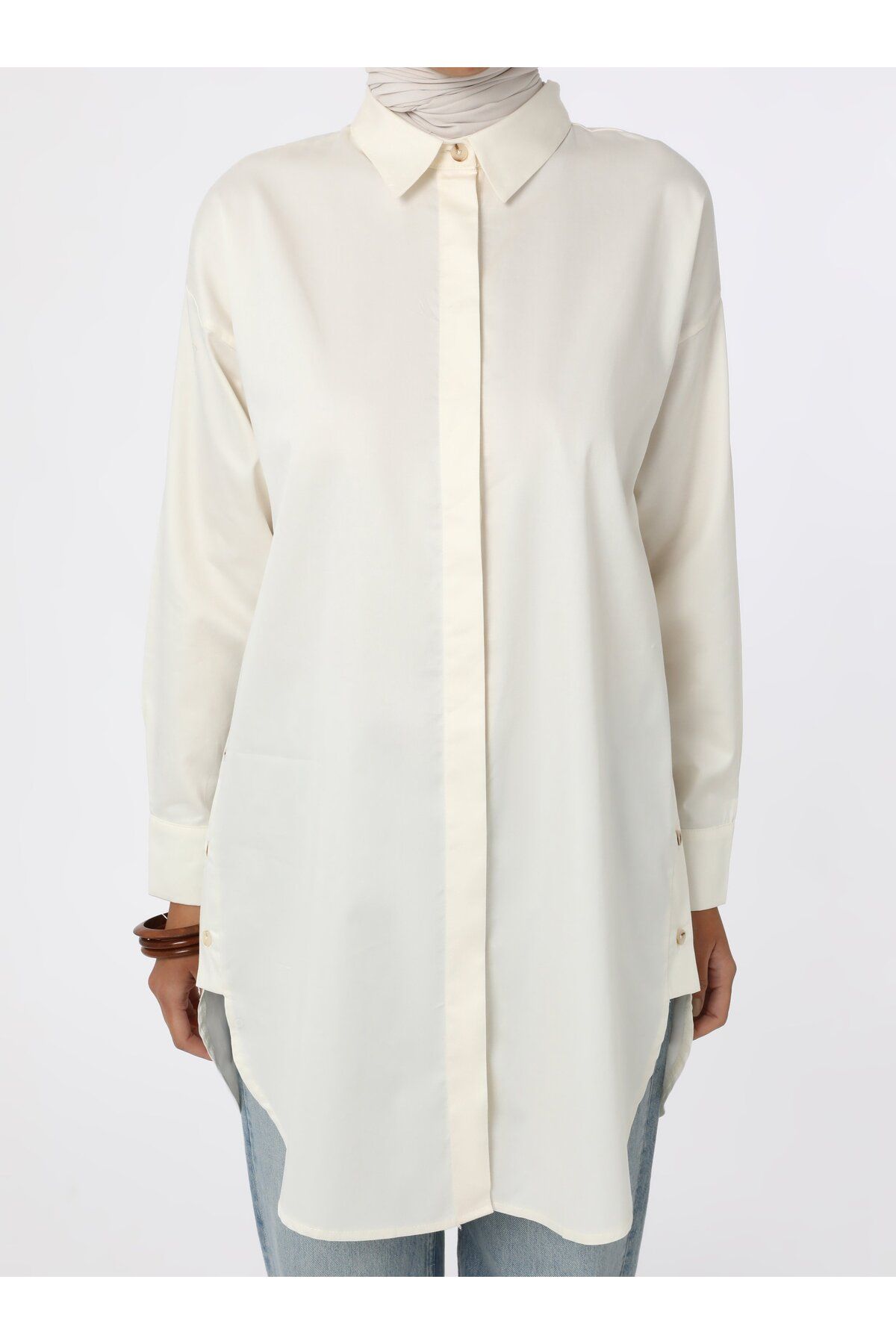 Refka-Button Detailed Poplin Tunic - Ecru - 5