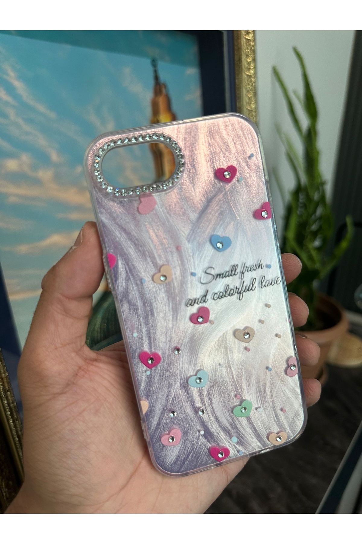 m.tk moveteck-iPhone 16E Case Camera Frame Stone Back Hologram 3D Pattern Color Reflection Figure Cover 3