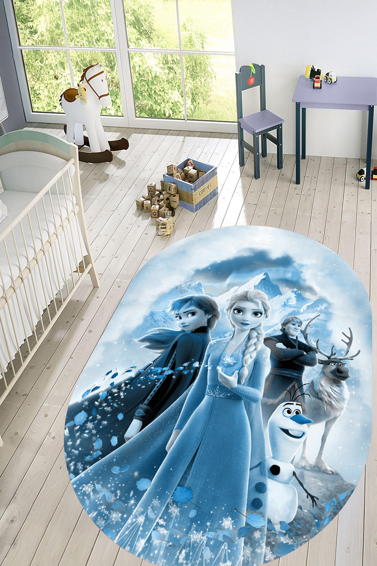 Decorative Printed Washable and Anti-Slip Snow Country Themed Oval Children's Rug, B,O,CHILDREN's ,42,BLUE
