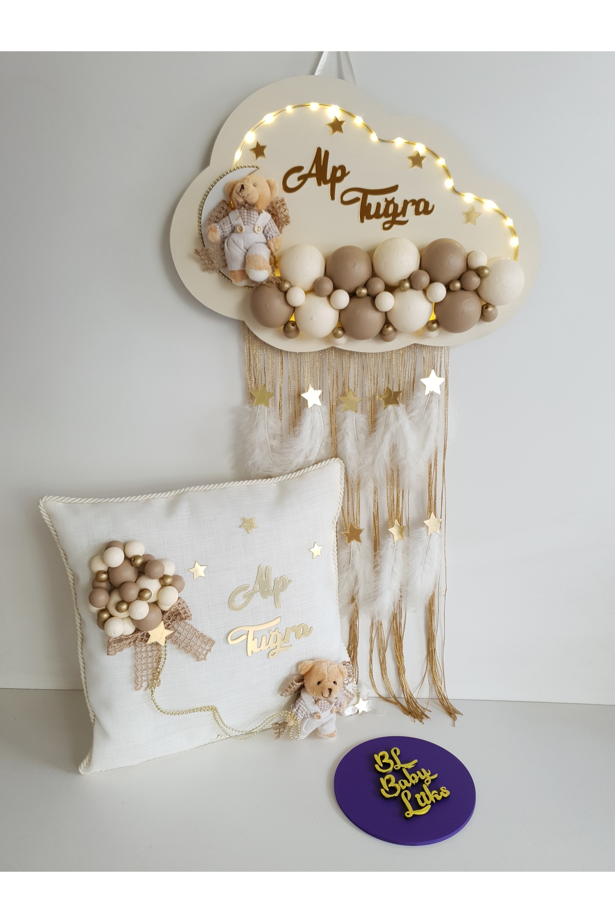 BL Baby Lüks Bubble Ledli Bulut Bebek Kapı Süsü Ve Yastık Krem Zemin Kahve Top fotoğrafı 3 (önizleme)