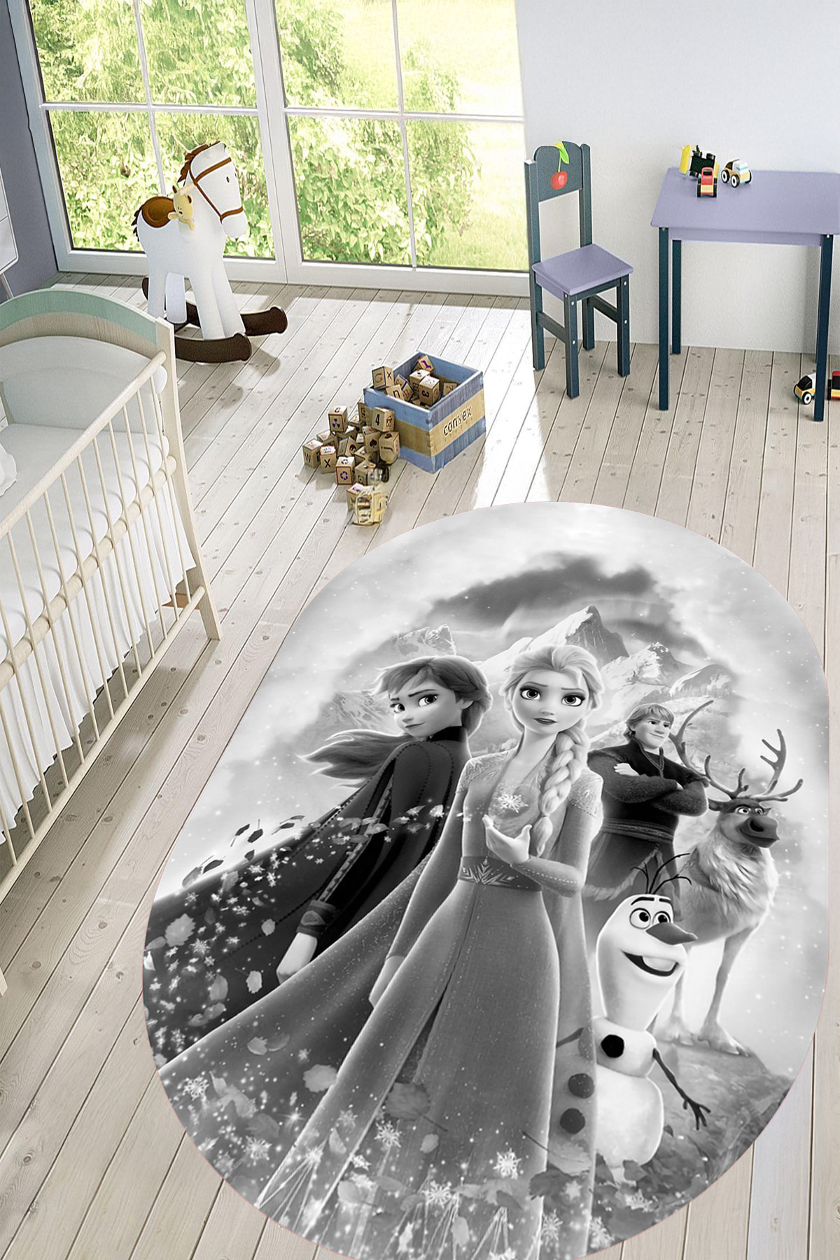 Decorative Printed Washable and Anti-Slip Snow Country Themed Oval Children's Rug, B,O,CHILDREN, 42,GRAY