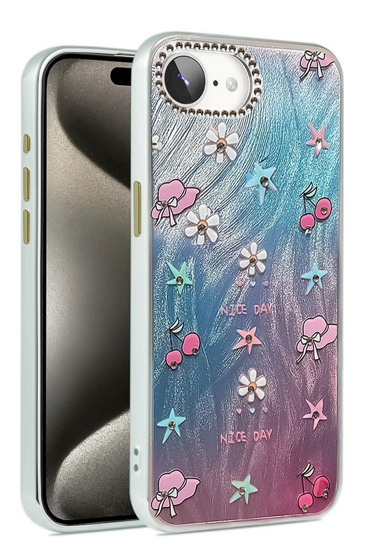 m.tk moveteck-iPhone 16E Case Camera Frame Stone Back Hologram 3D Pattern Color Reflection Figure Cover 5
