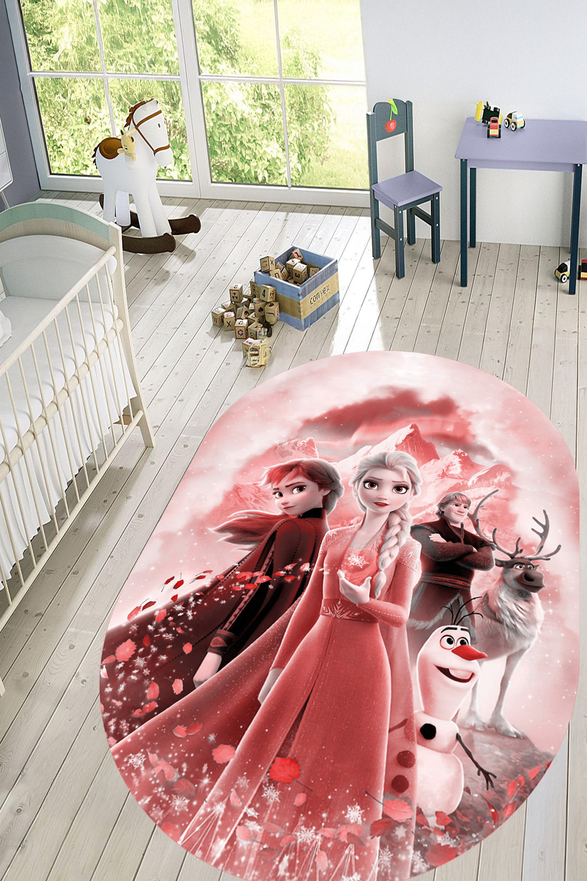 Decorative Printed Washable and Anti-Slip Snow Country Themed Oval Children's Rug,B,O,CHILDREN, 42,RED