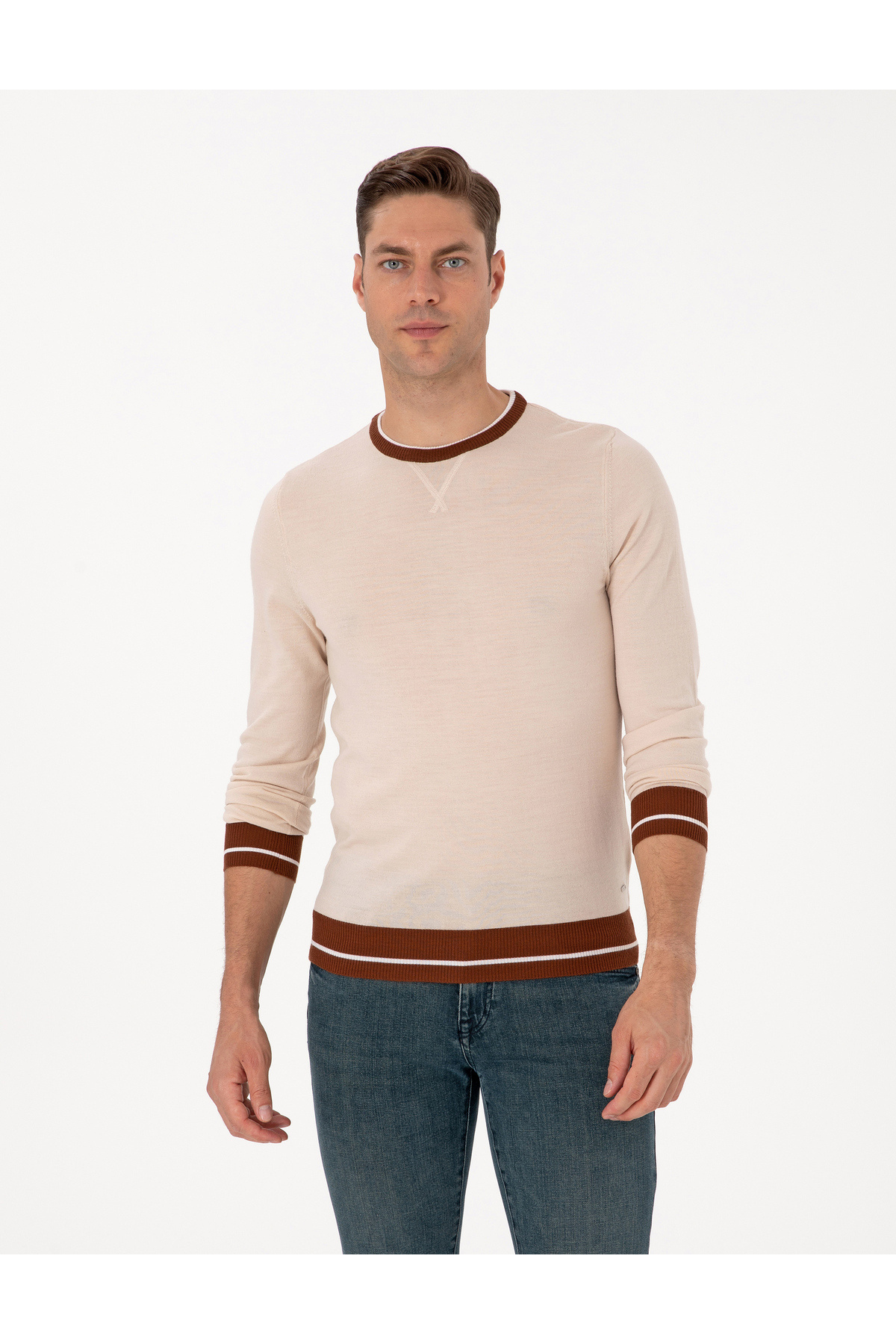 پیر کاردین Sand Melange Slim Fit Crew یقه پشمی ترکیبی ژاکت بافتنی 50315712-VR123