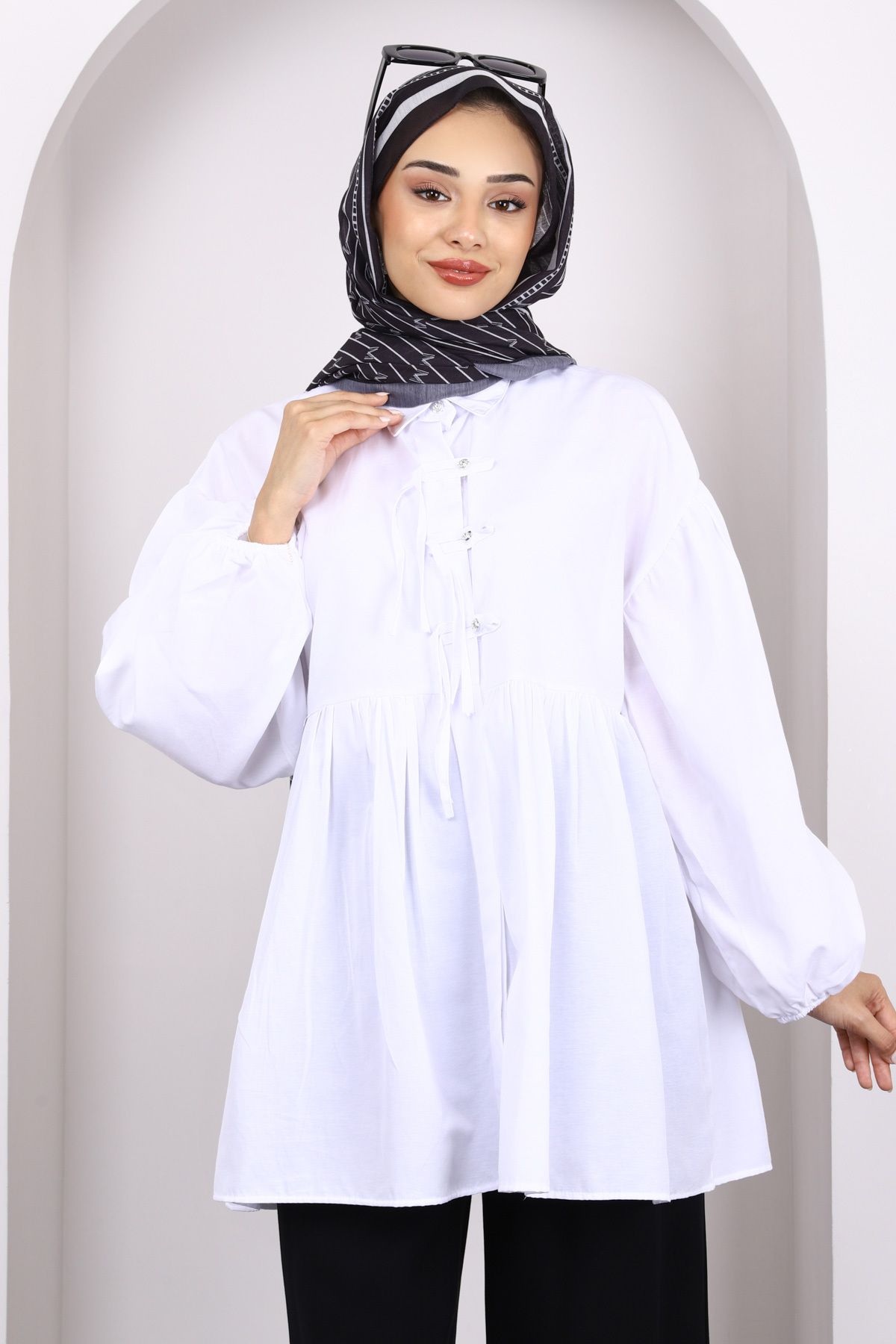 İmajButik-Ecru Sleeve Elastic Front Buttoned Tunic 1