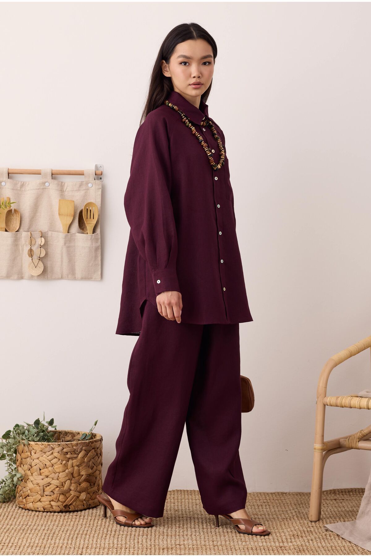 HEQA-Πλισέ Basic Λινό Παντελόνι Claret Red 3