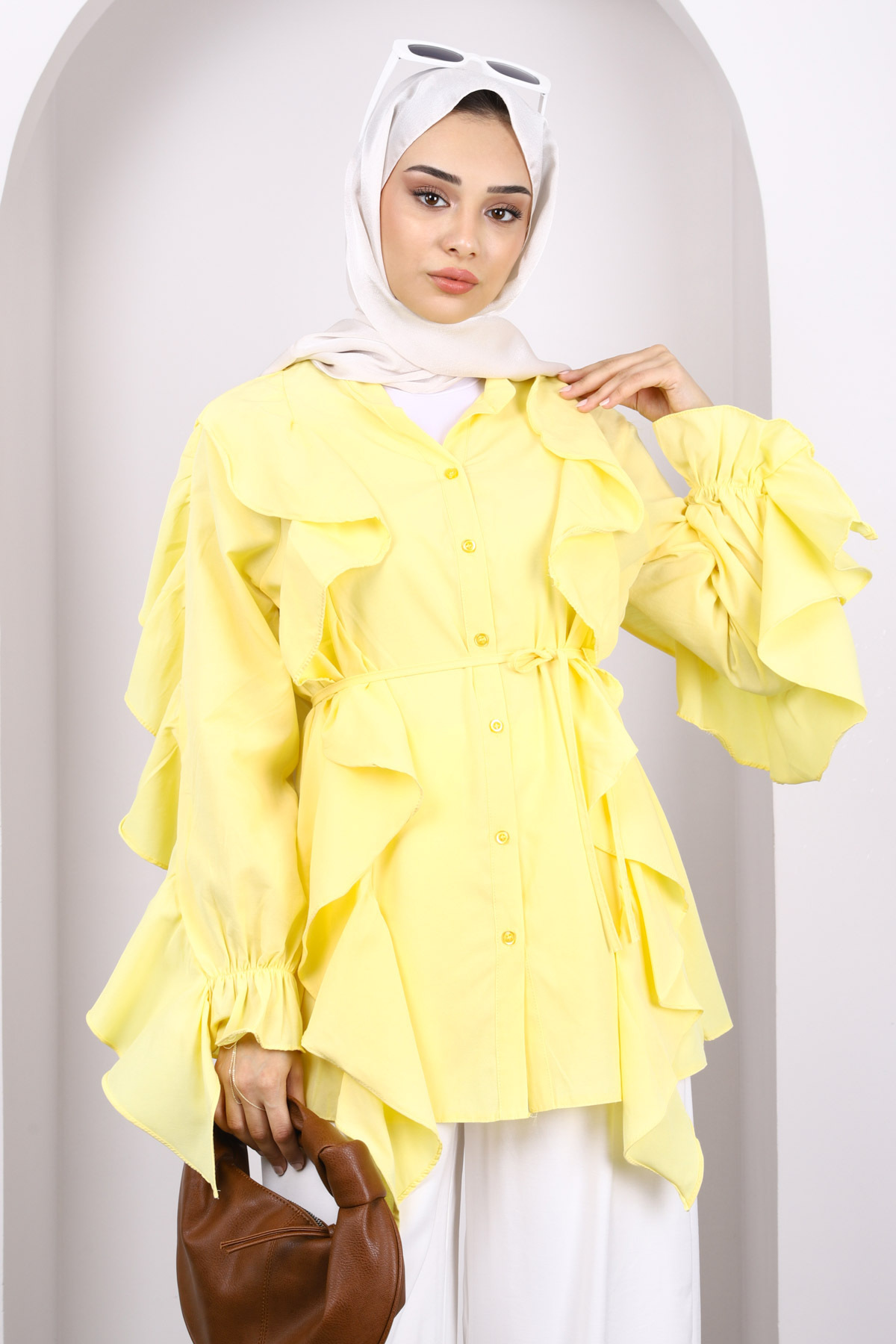 İmajButik-Yellow Sleeve Ruffle Buttoned Tunic 2