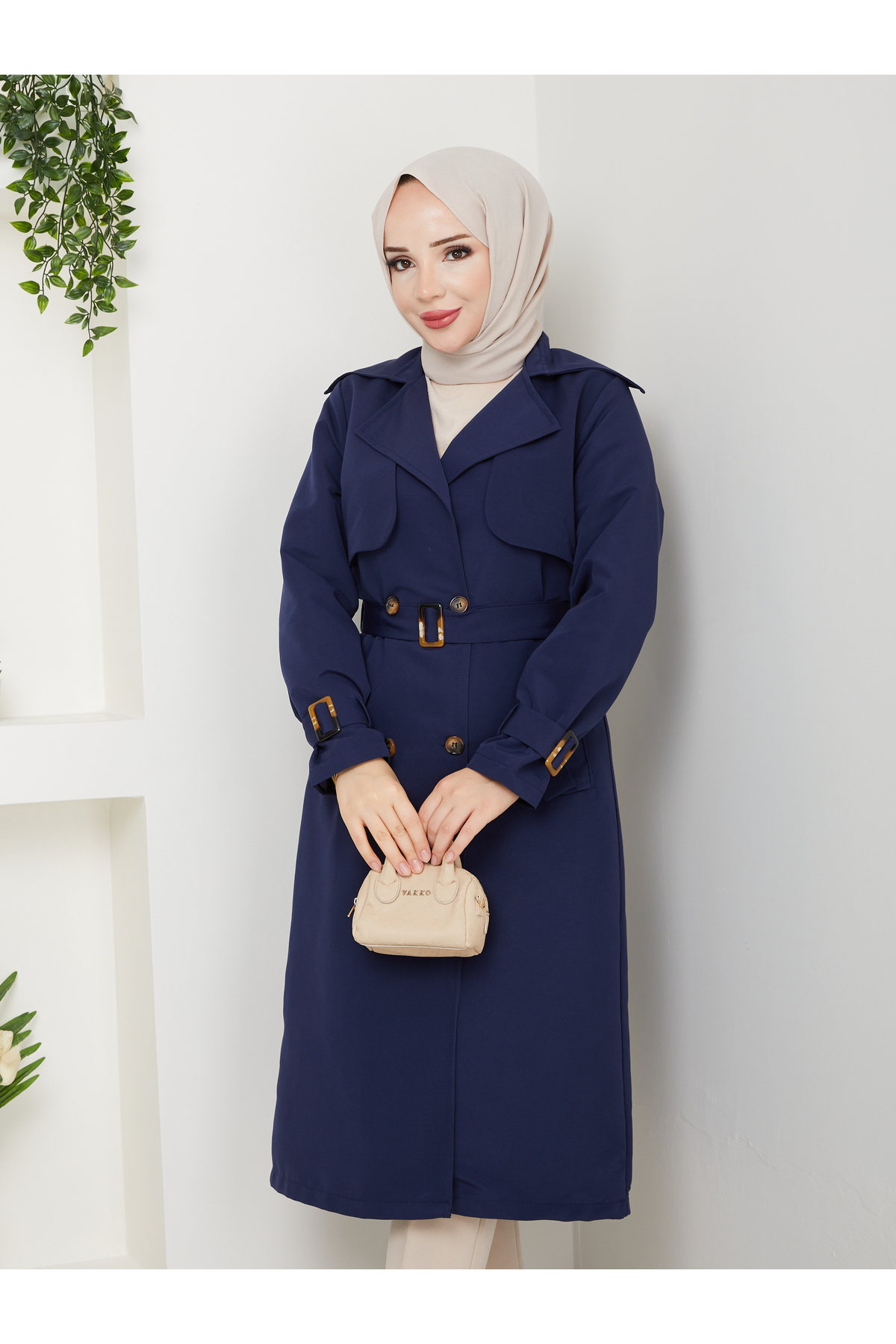 RACE FASHİON Torino Kumaş Su Geçirmez Kemerli Astarlı Tesettürlü Trençkot RC1203089 görsel 4