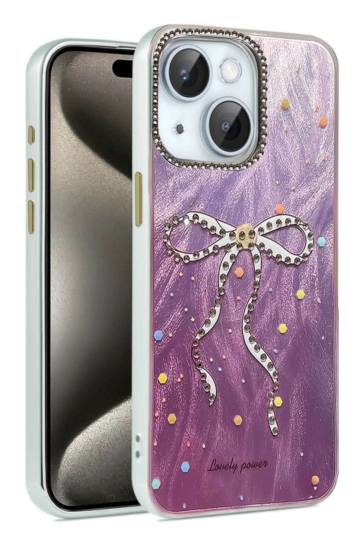 m.tk moveteck-iPhone 15 Case Camera Frame Stone Back Hologram 3D Pattern Color Reflection Figure Cover 3