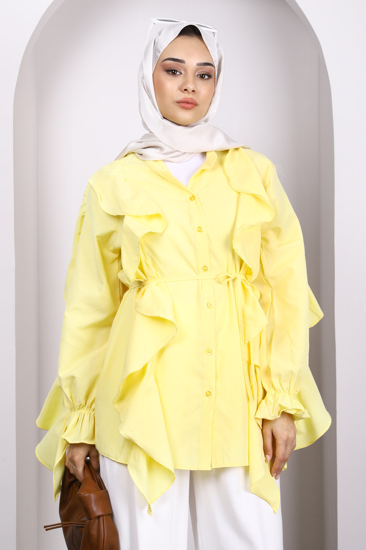İmajButik-Yellow Sleeve Ruffle Buttoned Tunic 1