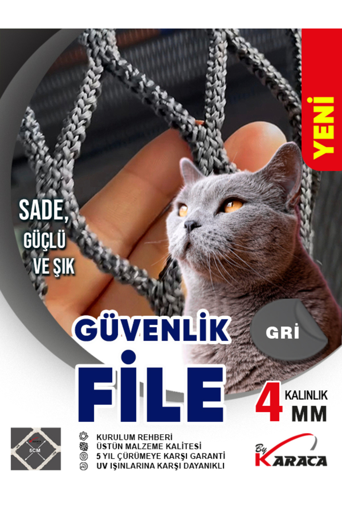 KARACAFİLE Gri Güvenlik File 1.5x5 m – 4mm Kalın İp, 5x5cm Göz Aralığı + Montaj Malzemeleri