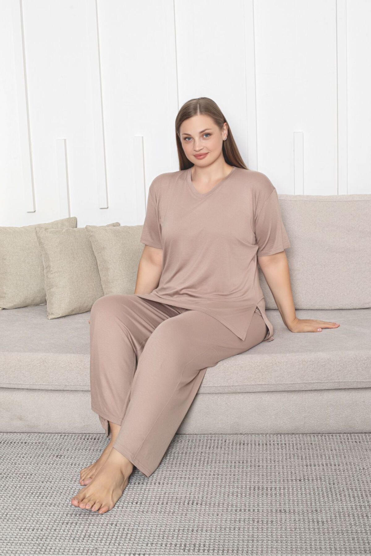 Asel-Large Size Lycra Combed Cotton Fabric Side Slit 2-Piece Stylish Tunic Bottom-Top Set 3