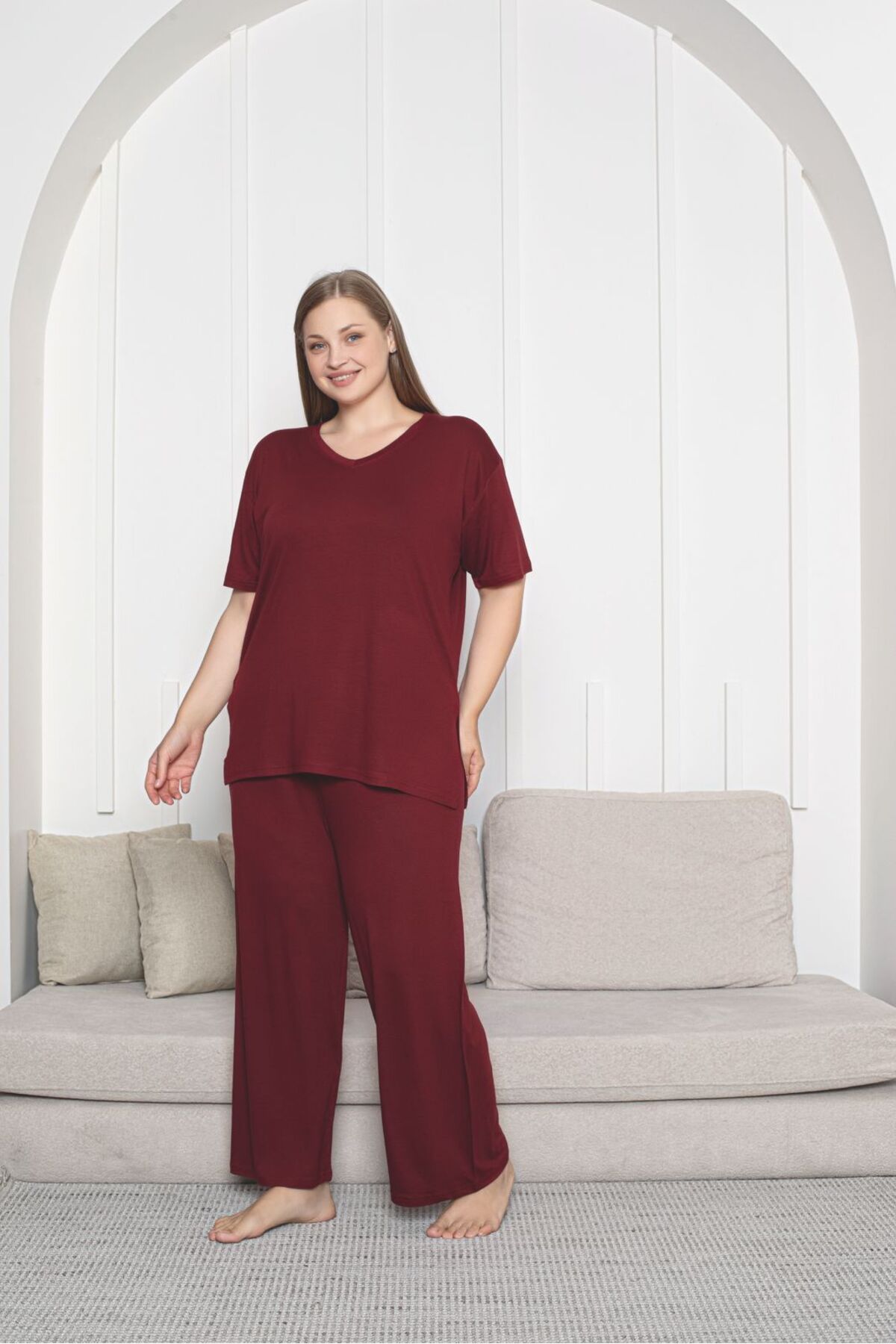 Asel-Large Size Lycra Combed Cotton Fabric Side Slit 2-Piece Stylish Tunic Bottom-Top Set 1