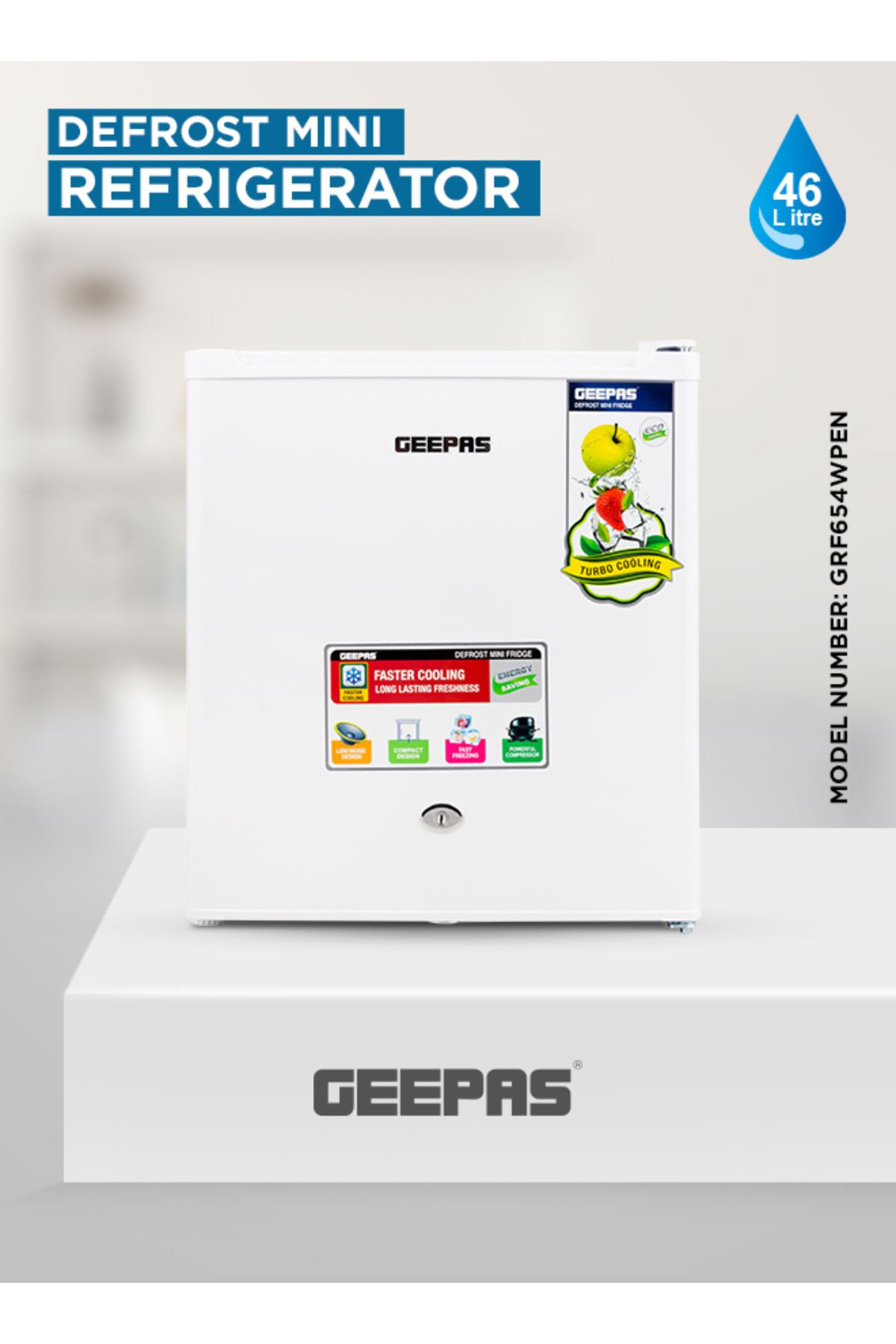 Geepas-ثلاجة صغيرة لإزالة الجليد مع قفل باب ومفتاح، تصميم منخفض الضوضاء، ضاغط قوي وصغير الحجم، E 1