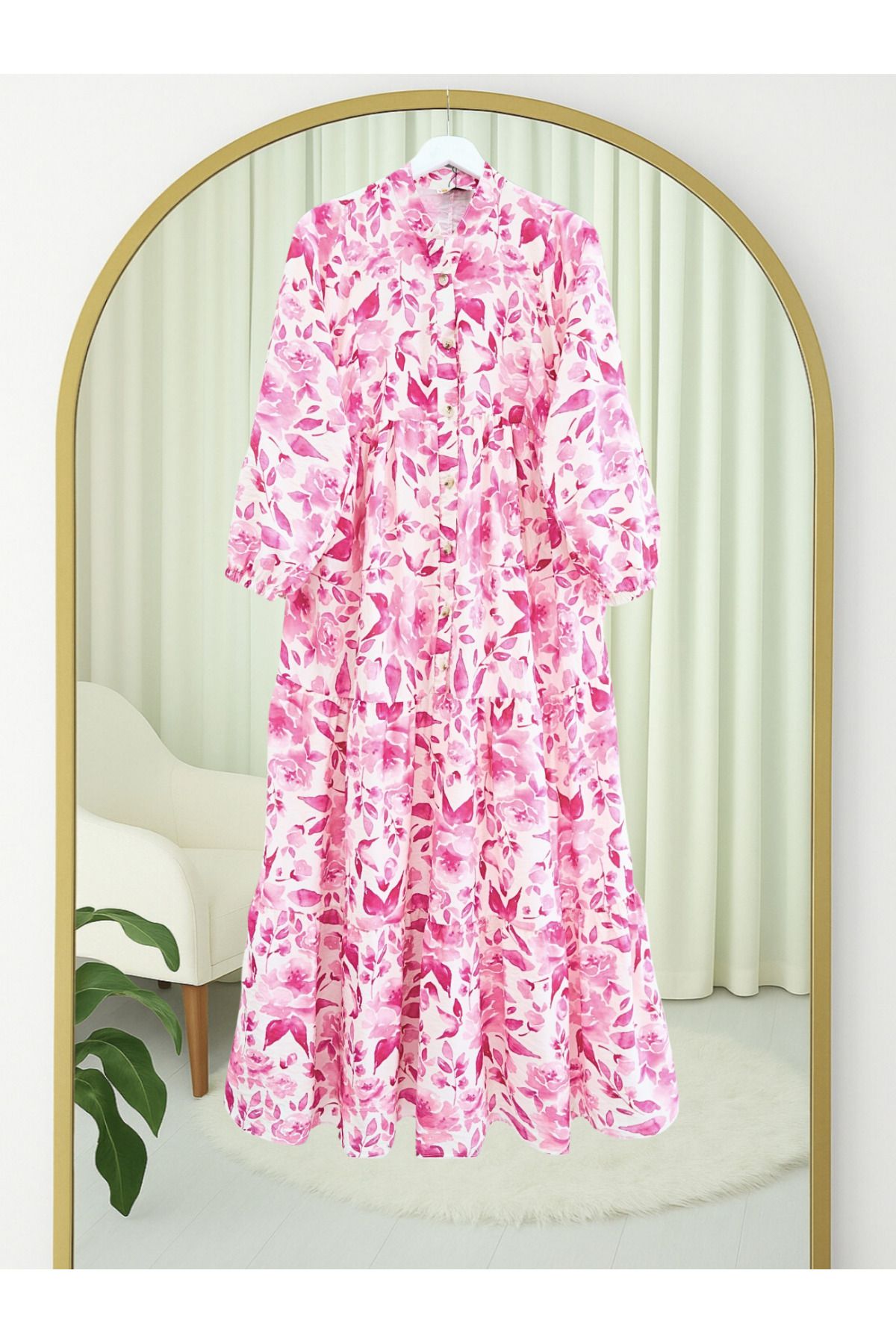 Modamorfo-Small Leaf Pattern Half Button Sleeve Elastic Dress -Fuchsia 1