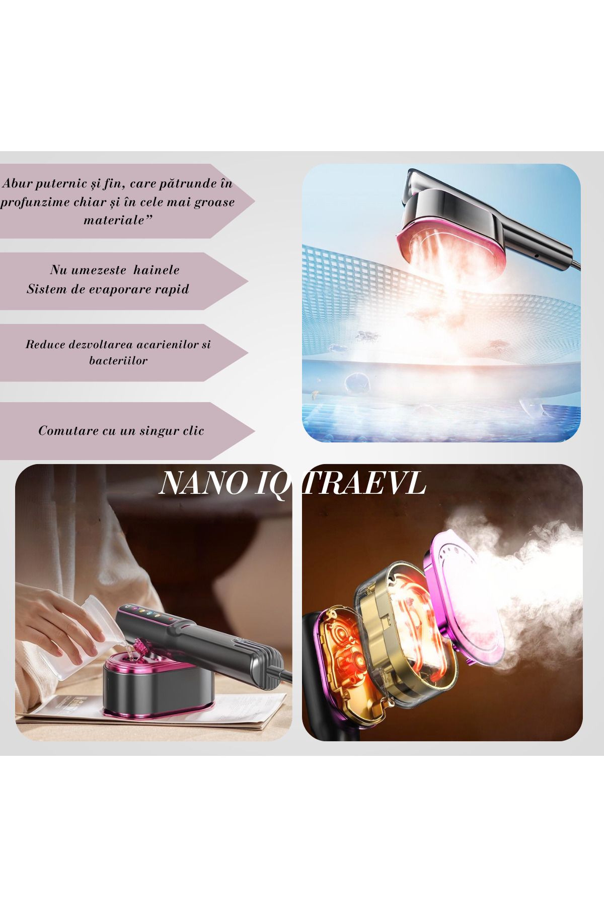 OEM-Fier calcat cu abur NANO IQ TRAVEL, umed,uscat,vertical si orizontal,putere 1200W, 5 programe, 3