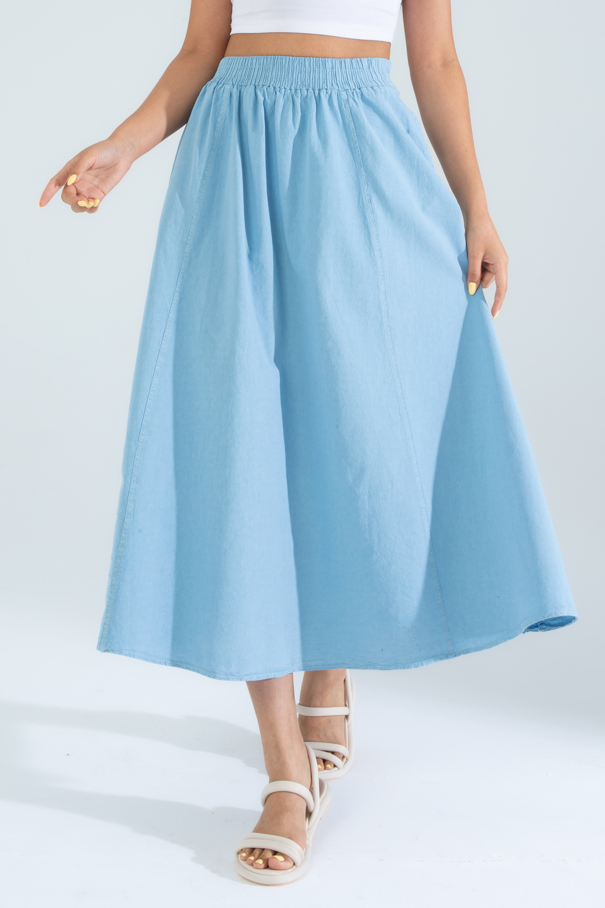 Suzella  Kadın A Kesim Yüksek Bel Cepli Dökümlü Kloş Etek - Dokulu Keten - Görsel 7