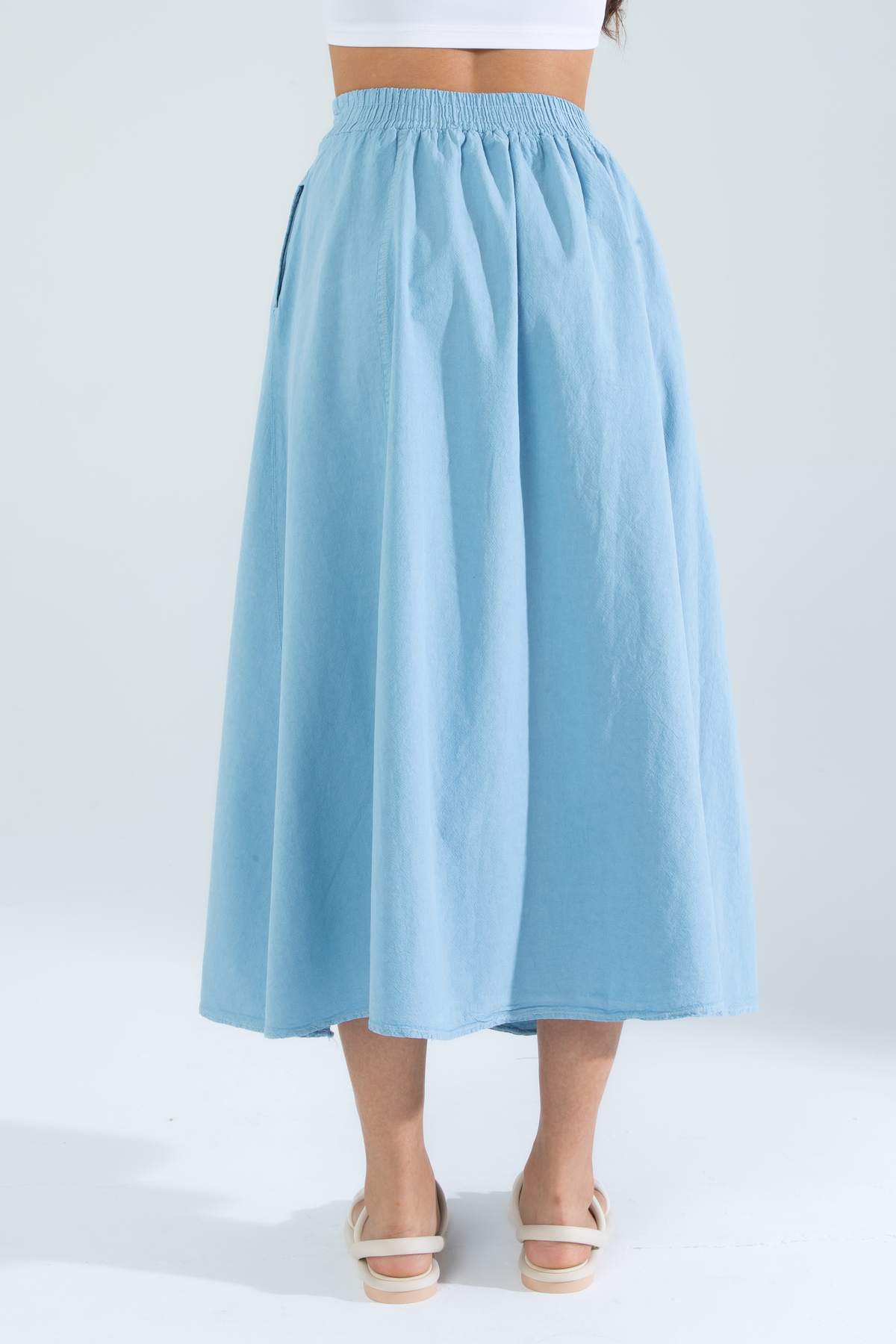 Suzella  Kadın A Kesim Yüksek Bel Cepli Dökümlü Kloş Etek - Dokulu Keten - Görsel 8