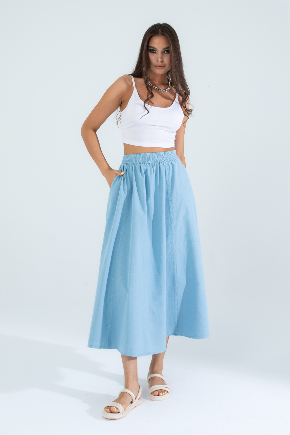 Suzella  Kadın A Kesim Yüksek Bel Cepli Dökümlü Kloş Etek - Dokulu Keten - Görsel 3