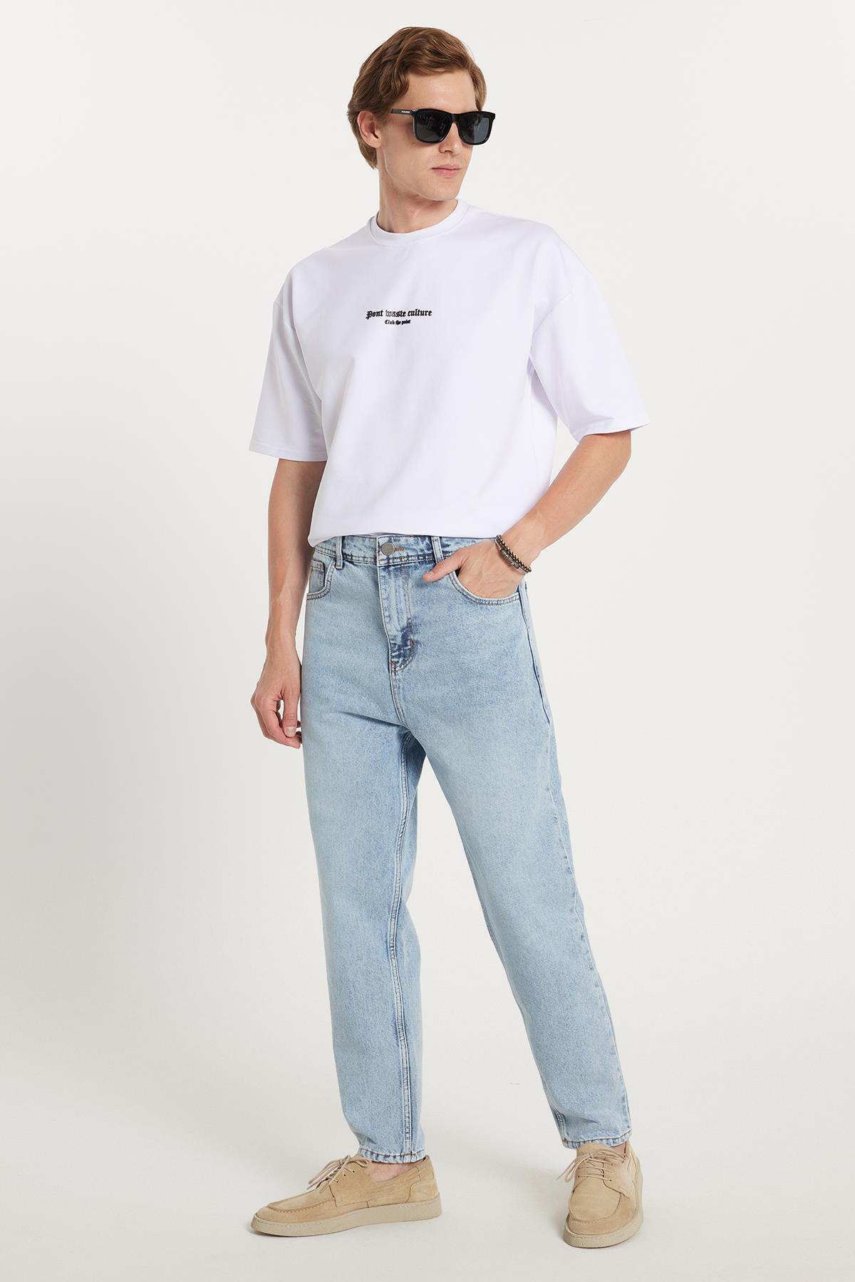 Tudors  Erkek Relax Fit Geniş Kesim Boru Paça Yıkamalı Taşlamalı Boyfriend Esnek Mavi Jean Kot Pantolon - Görsel 5