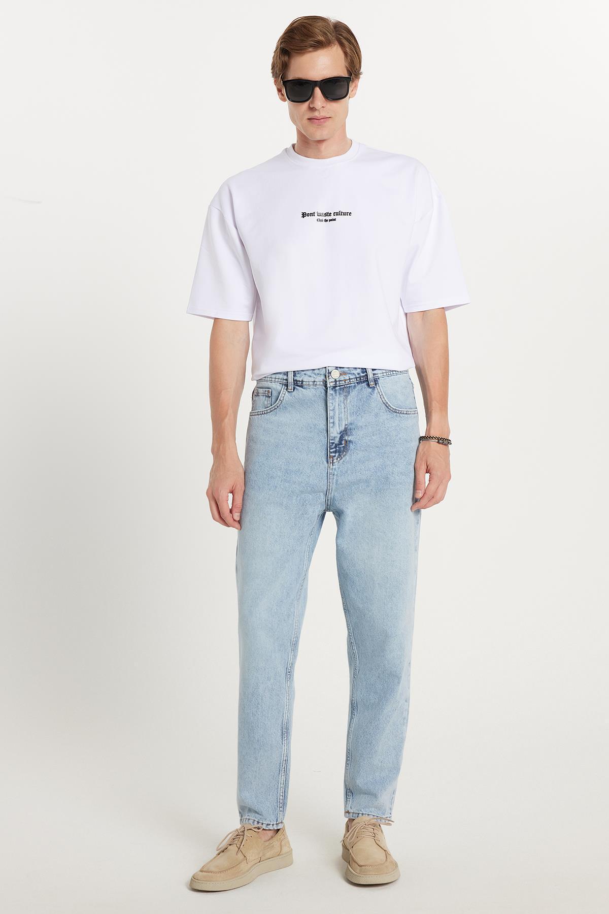 Tudors  Erkek Relax Fit Geniş Kesim Boru Paça Yıkamalı Taşlamalı Boyfriend Esnek Mavi Jean Kot Pantolon - Görsel 3