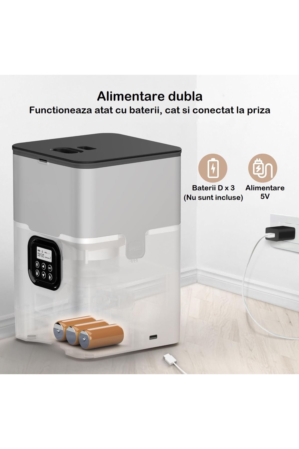 Smart Vibe-Hranitor Automat Digital Huggo® Rezervor Transparent 4L SmartView, Mesaj Vocal, 4 Mese/Zi, White 3