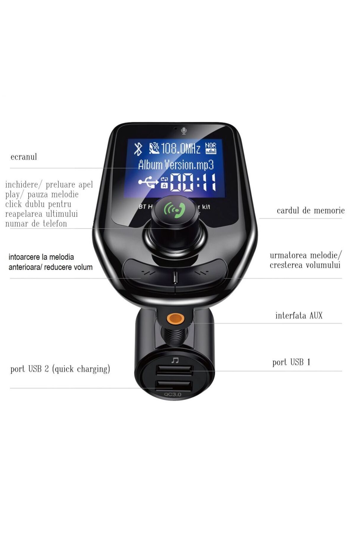 JustZEN-Modulator FM automat JustZEN® D 4, afișaj LCD 1,8 inch, microSD, card de schimbare rapidă 3.0, intrare auxiliară, handsfree 3