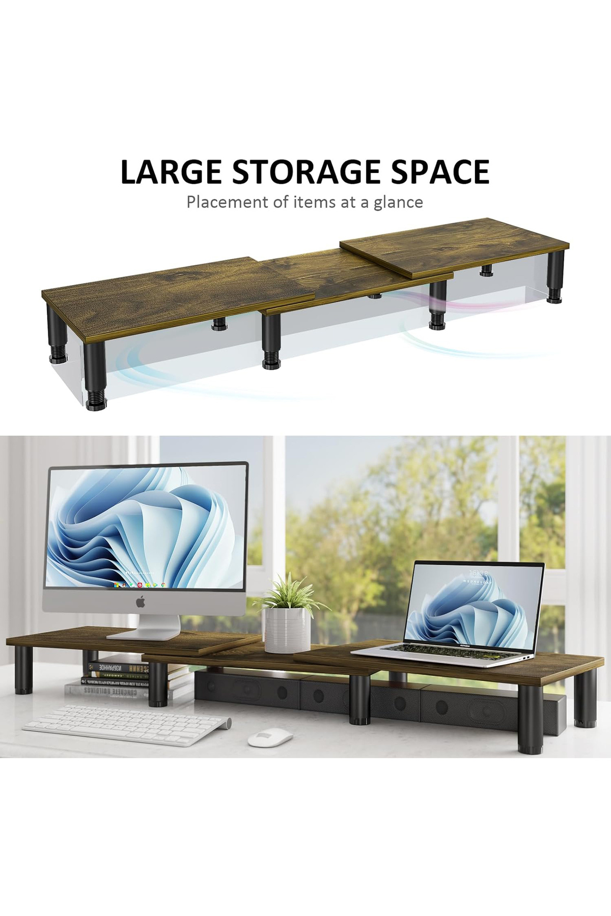 FlashHawk-Dual Monitor Stand Riser, Monitor Stand with Adjustable Length and Angle, with Storage Space 4