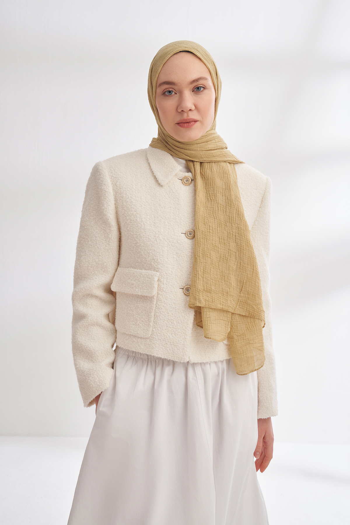 MUSLIN CHECKERS PATTERN SHAWL - SOFT OLIVE