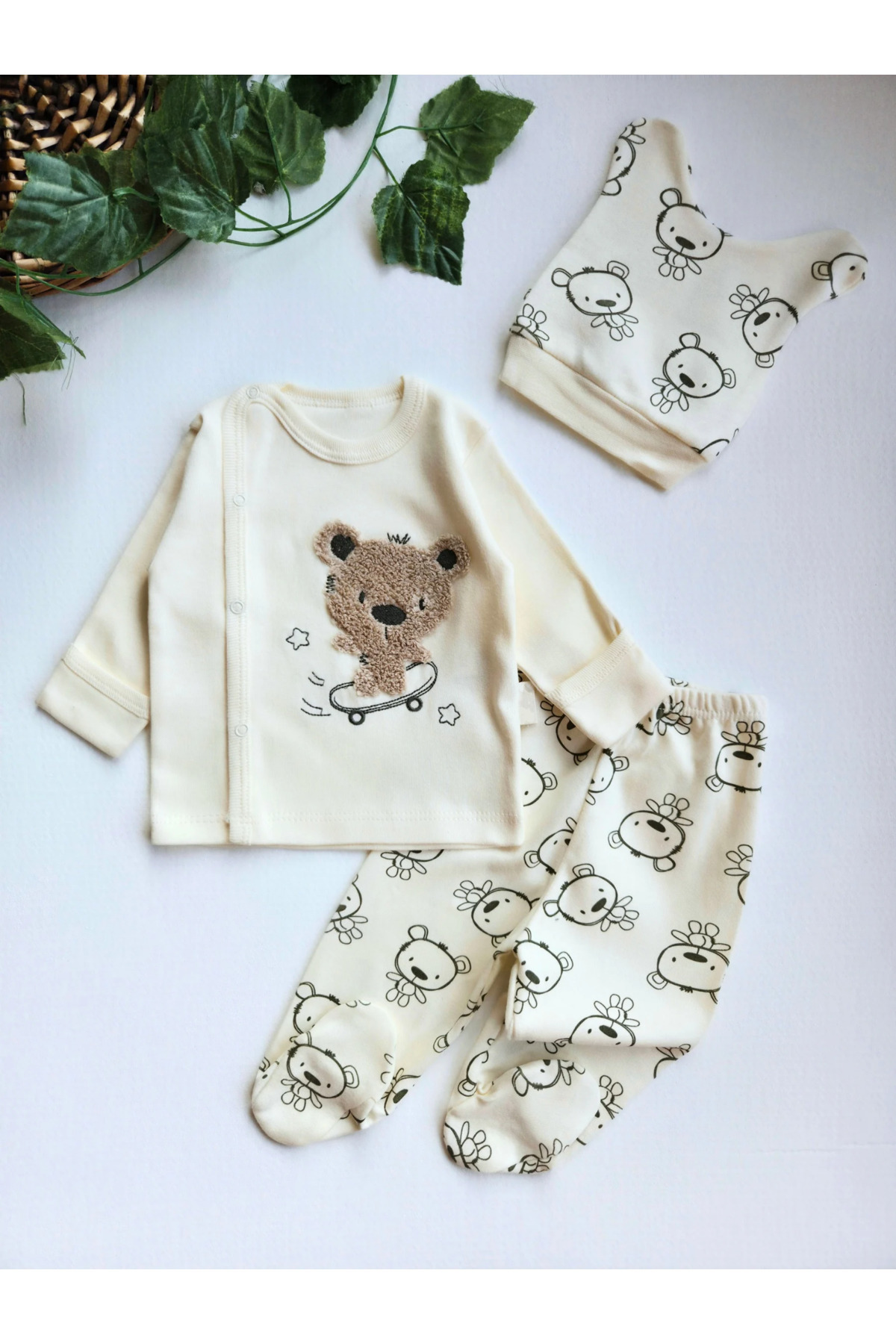 GizaKids %100 Pamuklu 0-3 Ay Yenidoğan Bebek Hastane Çıkışı 3lü Set fotoğrafı 2 (önizleme)