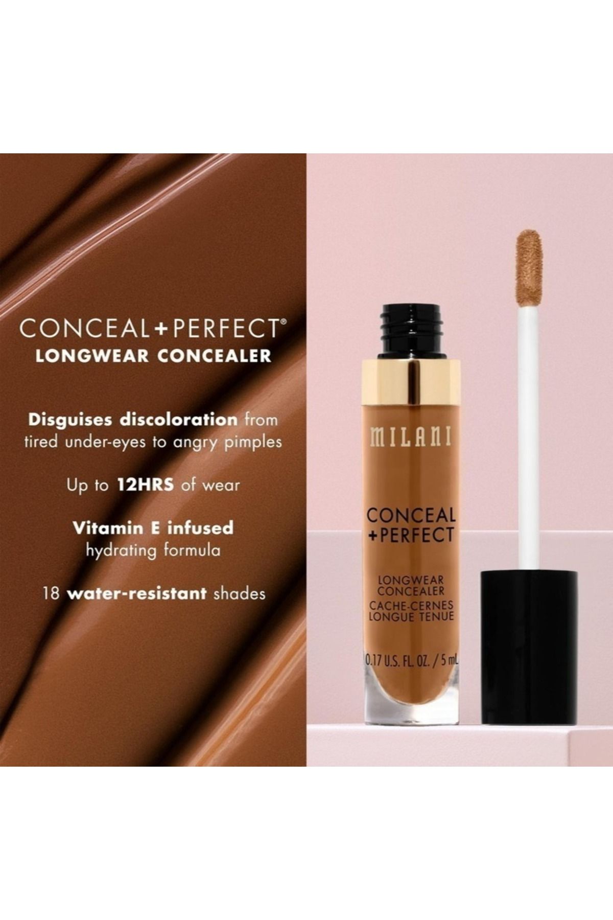 MILANI-Conceal + Perfect Concealer 185 Cool Cocoa – Full Coverage, Crease-Proof, 16-Hour Wear 8