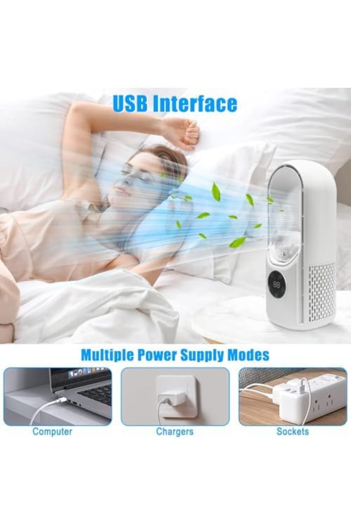 NECOMI-Bladeless Fan, Portable Fan with 6 Speeds, Small Personal Cooling with Humidifier with LED Li 4