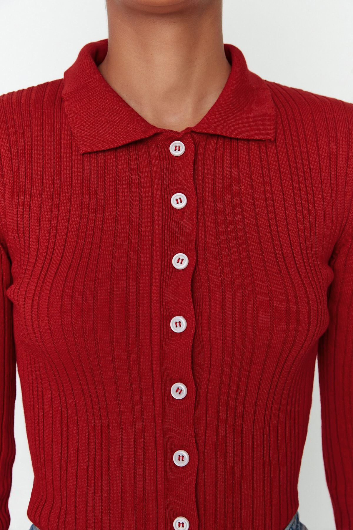 Trendyolmilla  Bordo Merserize Görünümlü Fitilli Polo Yaka Triko Hırka TWOAW20HI0070 - Görsel 3