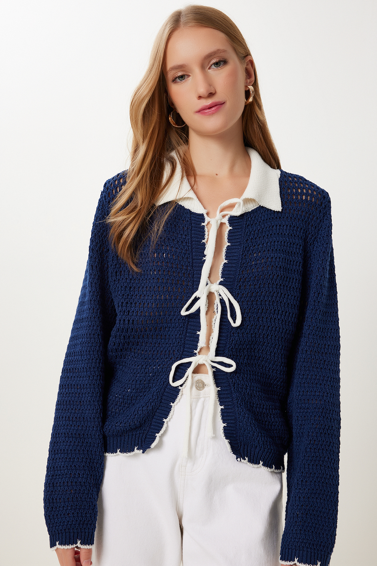 Happiness İstanbul Kadın Lacivert Kontrast Renkli Bağlamalı Triko Hırka MX00251