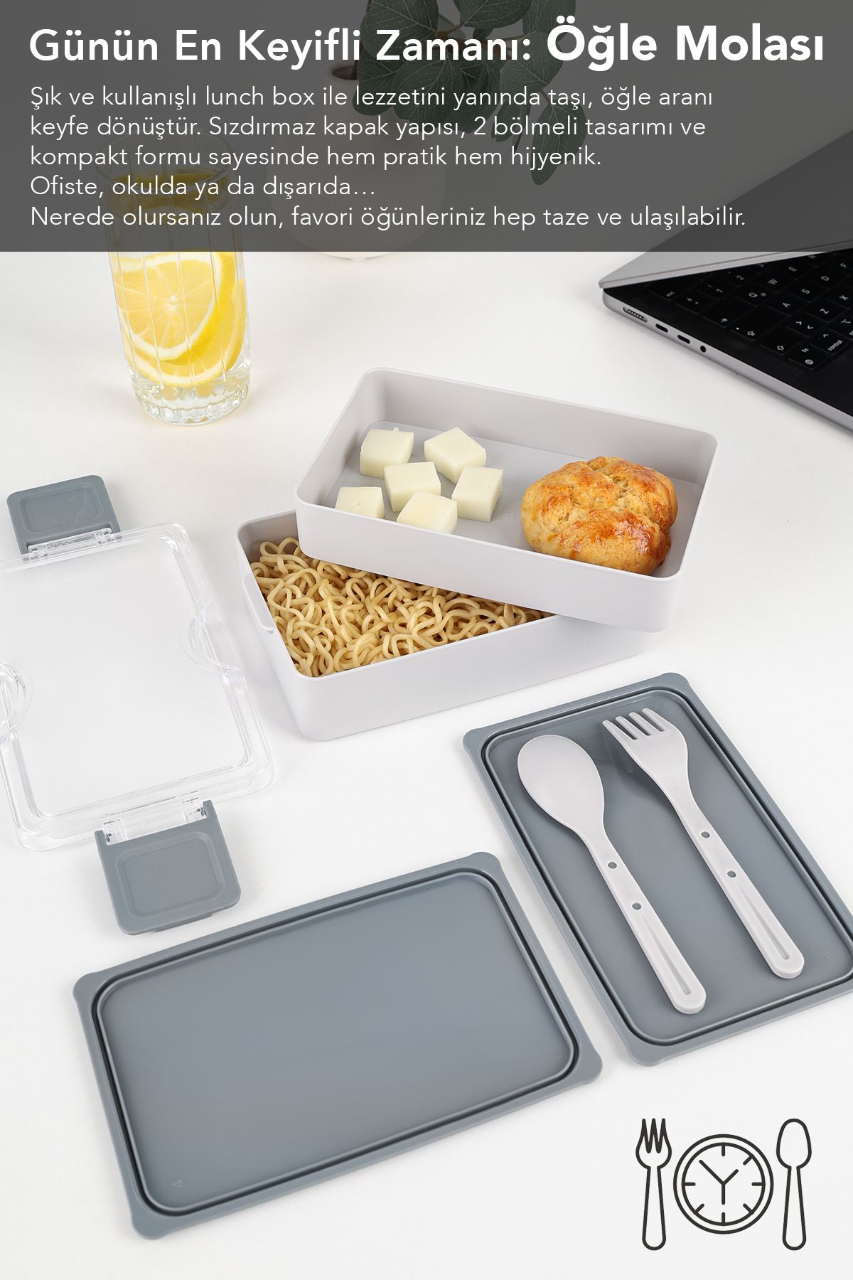 Meleni Home-2 Layer Ziplock Lunch Box - Lunch Box with Self Fork Spoon Lunch Box Storage Container Gray 4