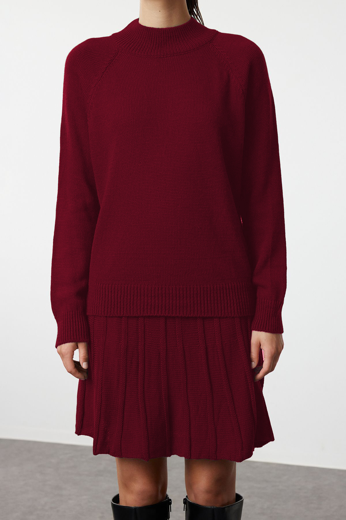 Trendyol Collection Bordó redőzött szoknya kötöttáru alsó felső szett TWOAW23AU00184