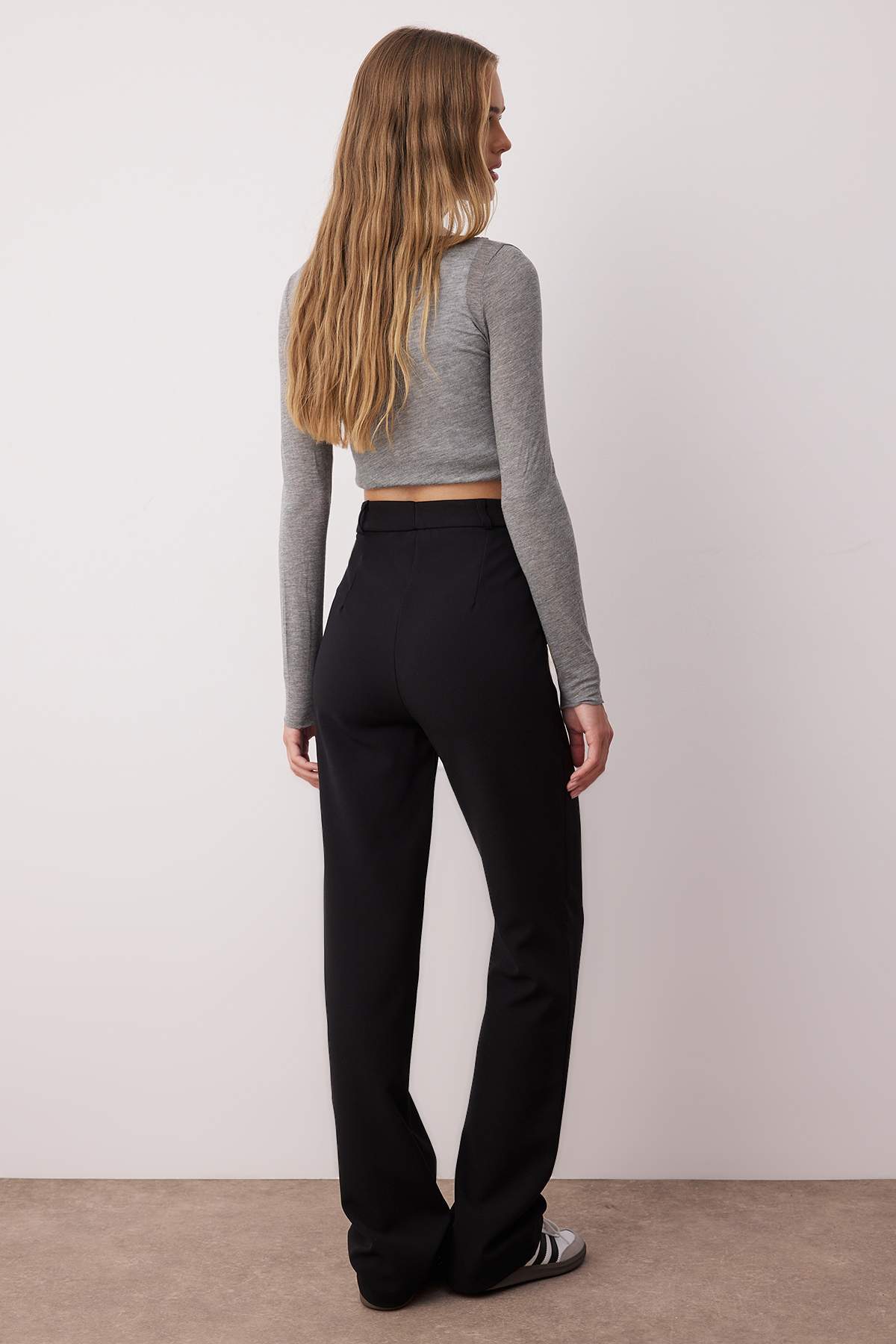 Trendyolmilla  Siyah Kalın Esnek Kumaş Straight/Düz Kesim Yüksek Bel Nervür Dikişli Pantolon TWOAW26PL00027 - Görsel 4