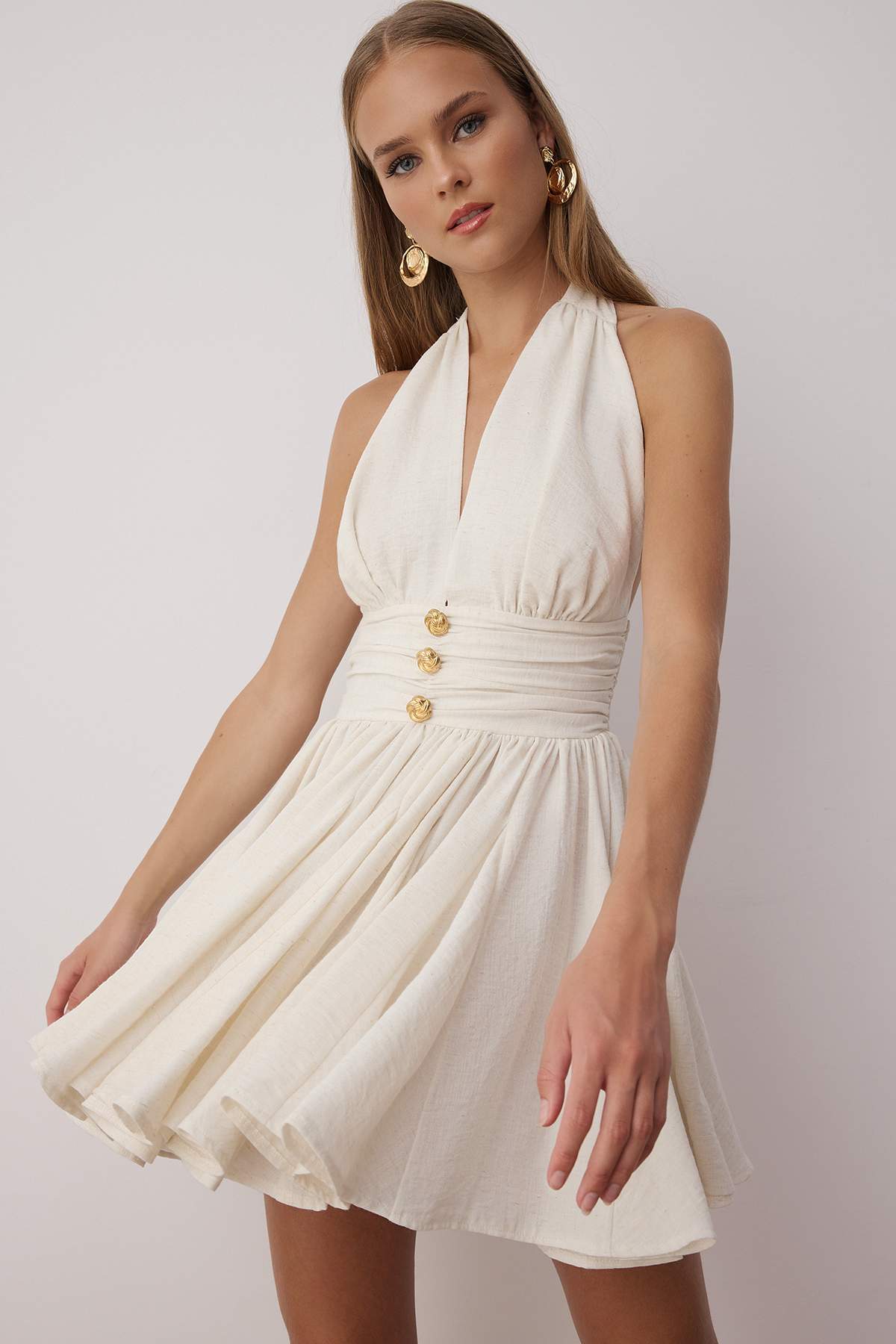 Trendyol Collection Ekru Belden Açılan/Skater Düşme Detaylı Kısa/Mini Elbise ...